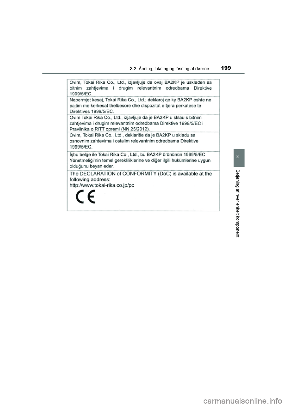 TOYOTA PRIUS 2015  Brugsanvisning (in Danish) 1993-2. Åbning, lukning og låsning af dørene
3
Betjening af hver enkelt komponent
OM47A31DK
OM47A31DK.book  Page 199  Monday, January 11, 2016  2:42 PM 