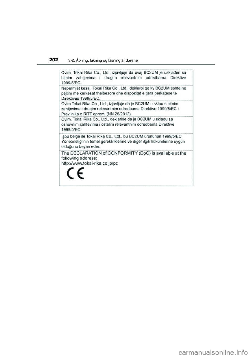 TOYOTA PRIUS 2015  Brugsanvisning (in Danish) 2023-2. Åbning, lukning og låsning af dørene
OM47A31DK
OM47A31DK.book  Page 202  Monday, January 11, 2016  2:42 PM 
