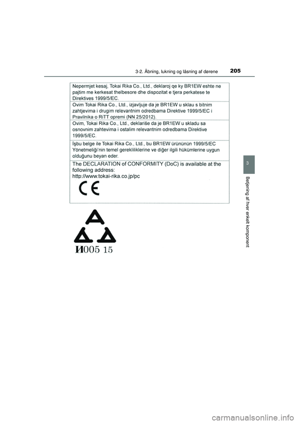 TOYOTA PRIUS 2015  Brugsanvisning (in Danish) 2053-2. Åbning, lukning og låsning af dørene
3
Betjening af hver enkelt komponent
OM47A31DK
OM47A31DK.book  Page 205  Monday, January 11, 2016  2:42 PM 