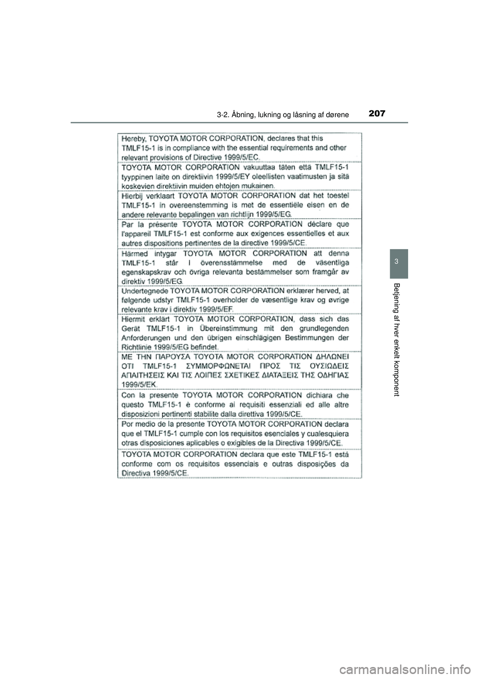 TOYOTA PRIUS 2015  Brugsanvisning (in Danish) 2073-2. Åbning, lukning og låsning af dørene
3
Betjening af hver enkelt komponent
OM47A31DK
OM47A31DK.book  Page 207  Monday, January 11, 2016  2:42 PM 