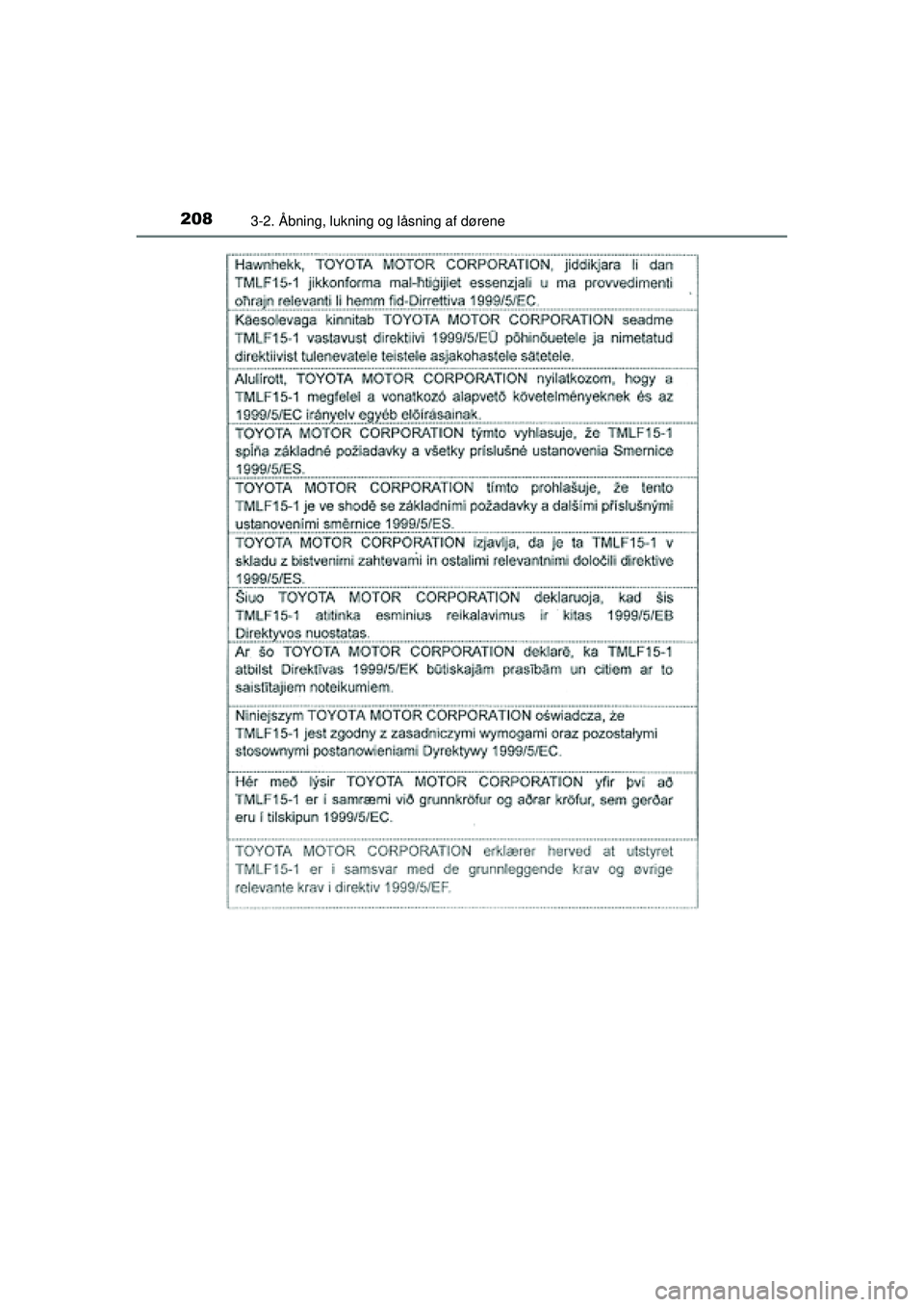 TOYOTA PRIUS 2015  Brugsanvisning (in Danish) 2083-2. Åbning, lukning og låsning af dørene
OM47A31DK
OM47A31DK.book  Page 208  Monday, January 11, 2016  2:42 PM 