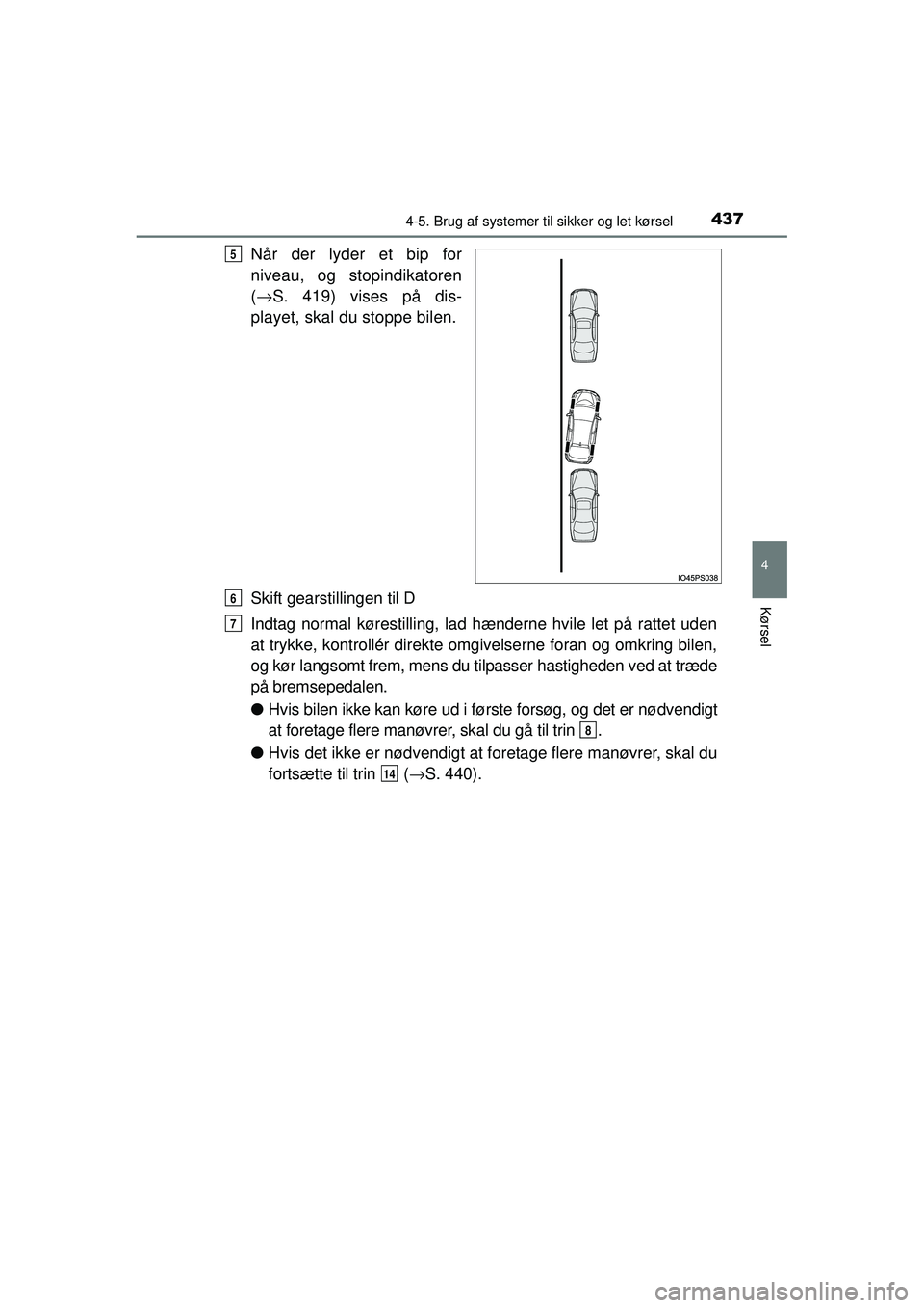 TOYOTA PRIUS 2015 Brugsanvisning (in Danish) 4374-5. Brug af systemer til sikker og let kørsel
4
Kørsel
OM47A31DK
Når der lyder et bip for
niveau, og stopindikatoren
(→ S. 419) vises på dis-
playet, skal du stoppe bilen.
Skift gearstilling TOYOTA PRIUS 2015 Brugsanvisning (in Danish) 4374-5. Brug af systemer til sikker og let kørsel
4
Kørsel
OM47A31DK
Når der lyder et bip for
niveau, og stopindikatoren
(→ S. 419) vises på dis-
playet, skal du stoppe bilen.
Skift gearstilling