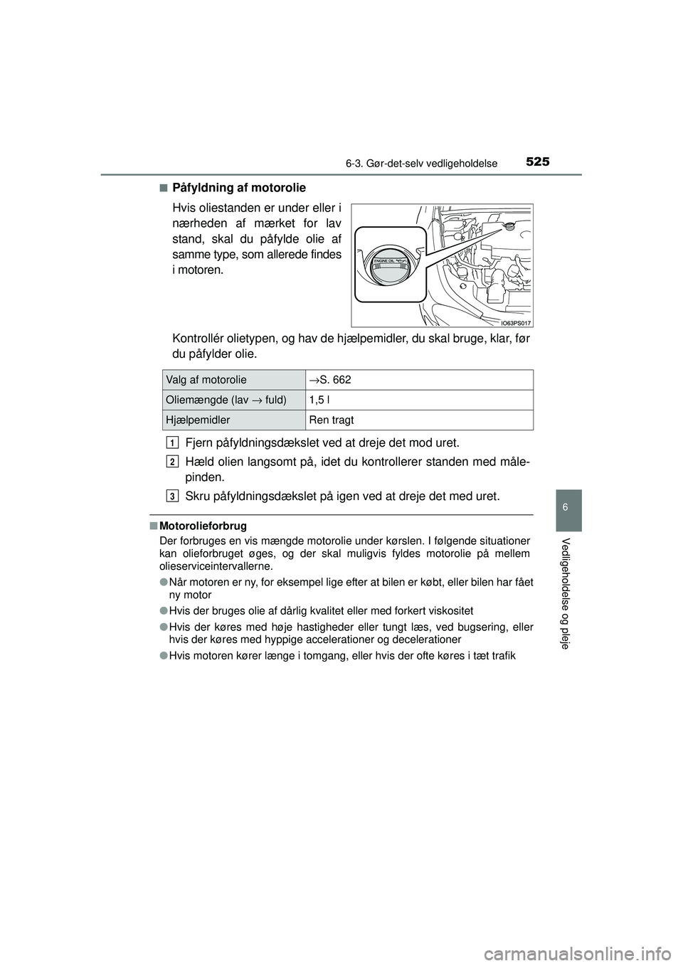 TOYOTA PRIUS 2015  Brugsanvisning (in Danish) 5256-3. Gør-det-selv vedligeholdelse
OM47A31DK
6
Vedligeholdelse og pleje
■Påfyldning af motorolie
Hvis oliestanden er under eller i
nærheden af mærket for lav
stand, skal du påfylde olie af
sa