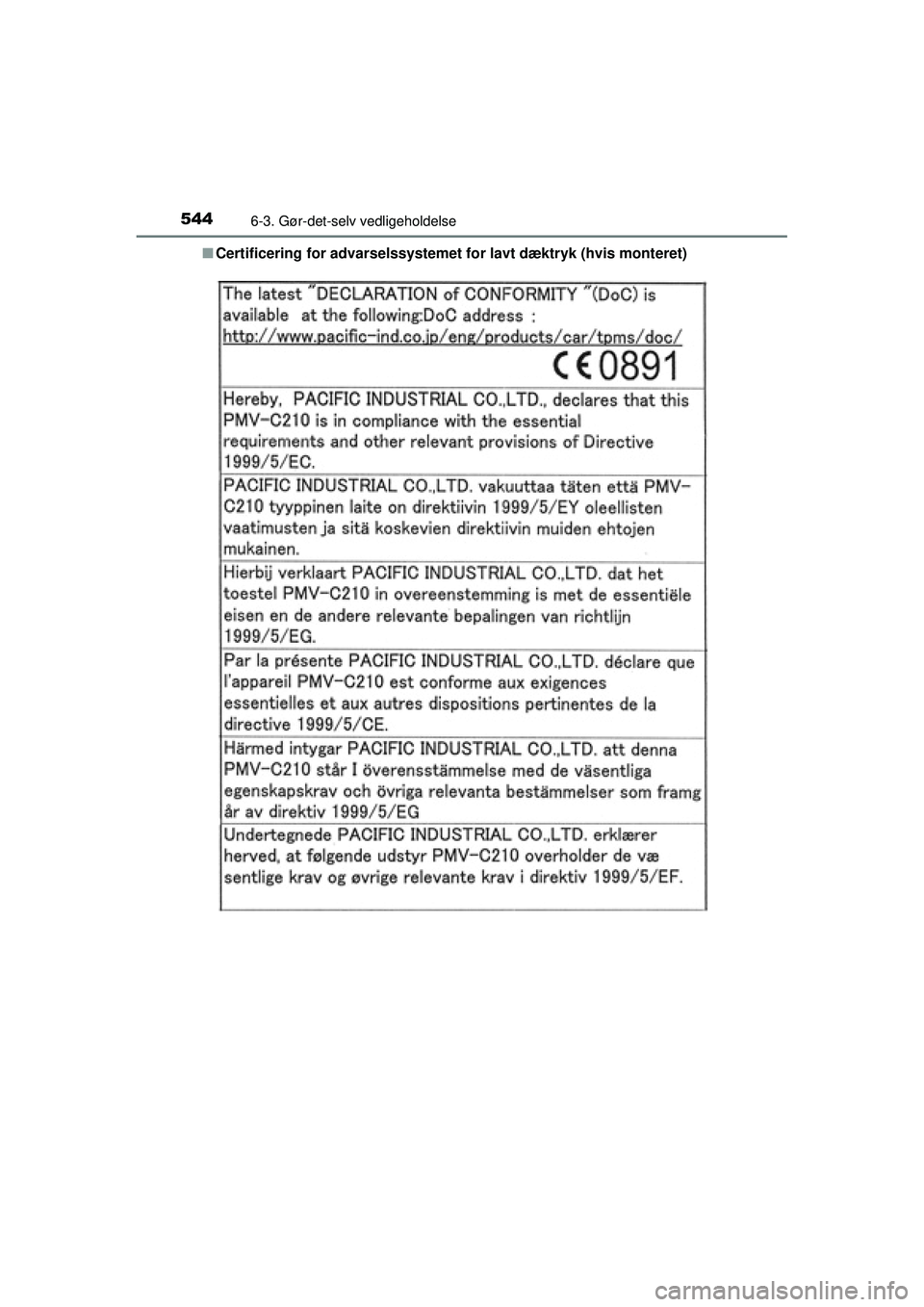 TOYOTA PRIUS 2015  Brugsanvisning (in Danish) 5446-3. Gør-det-selv vedligeholdelse
OM47A31DK■
Certificering for advarselssystemet fo r lavt dæktryk (hvis monteret)
OM47A31DK.book  Page 544  Monday, January 11, 2016  2:42 PM 