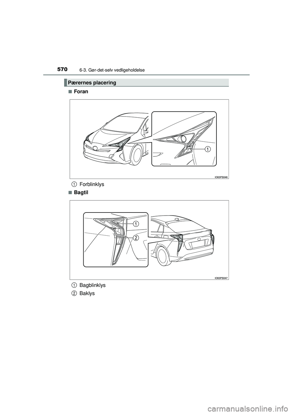 TOYOTA PRIUS 2015  Brugsanvisning (in Danish) 5706-3. Gør-det-selv vedligeholdelse
OM47A31DK■
Foran
Forblinklys
■Bagtil
Bagblinklys
Baklys
Pærernes placering
1
1
2
OM47A31DK.book  Page 570  Monday, January 11, 2016  2:42 PM 