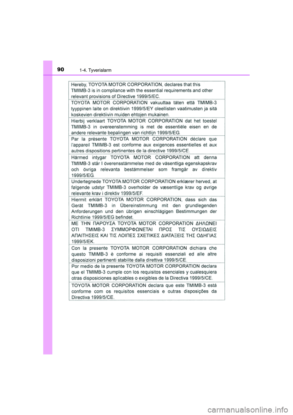 TOYOTA PRIUS 2015 Brugsanvisning (in Danish) 901-4. Tyverialarm
OM47A31DK
OM47A31DK.book Page 90 Monday, January 11, 2016 2:42 PM TOYOTA PRIUS 2015 Brugsanvisning (in Danish) 901-4. Tyverialarm
OM47A31DK
OM47A31DK.book Page 90 Monday, January 11, 2016 2:42 PM