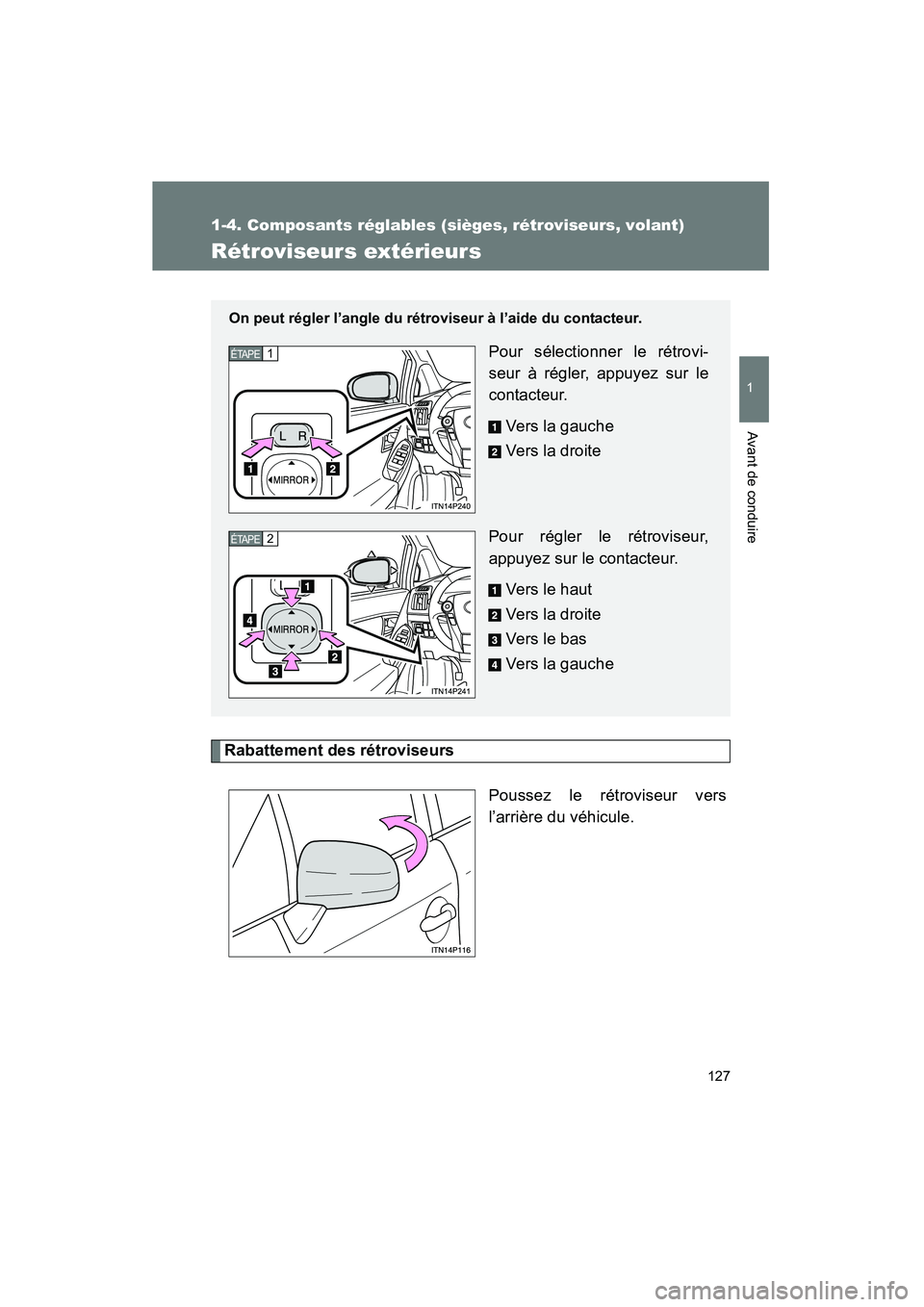 TOYOTA PRIUS 2015 Manuel du propriétaire (in French) 127
1
1-4. Composants réglables (sièges, rétroviseurs, volant)
Avant de conduire
PRIUS_OM_OM47A26D_(D)
Rétroviseurs extérieurs
Rabattement des rétroviseursPoussez le rétroviseur vers
l’arriè TOYOTA PRIUS 2015 Manuel du propriétaire (in French) 127
1
1-4. Composants réglables (sièges, rétroviseurs, volant)
Avant de conduire
PRIUS_OM_OM47A26D_(D)
Rétroviseurs extérieurs
Rabattement des rétroviseursPoussez le rétroviseur vers
l’arriè