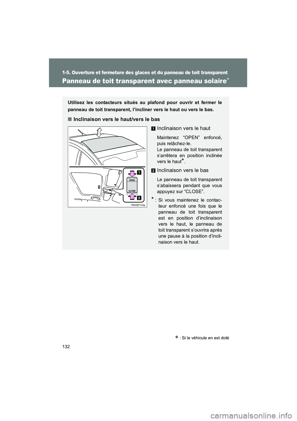 TOYOTA PRIUS 2015 Manuel du propriétaire (in French) 132
1-5. Ouverture et fermeture des glaces et du panneau de toit transparent
PRIUS_OM_OM47A26D_(D)
Panneau de toit transparent avec panneau solaire∗
∗ : Si le véhicule en est doté
Utilisez les c TOYOTA PRIUS 2015 Manuel du propriétaire (in French) 132
1-5. Ouverture et fermeture des glaces et du panneau de toit transparent
PRIUS_OM_OM47A26D_(D)
Panneau de toit transparent avec panneau solaire∗
∗ : Si le véhicule en est doté
Utilisez les c