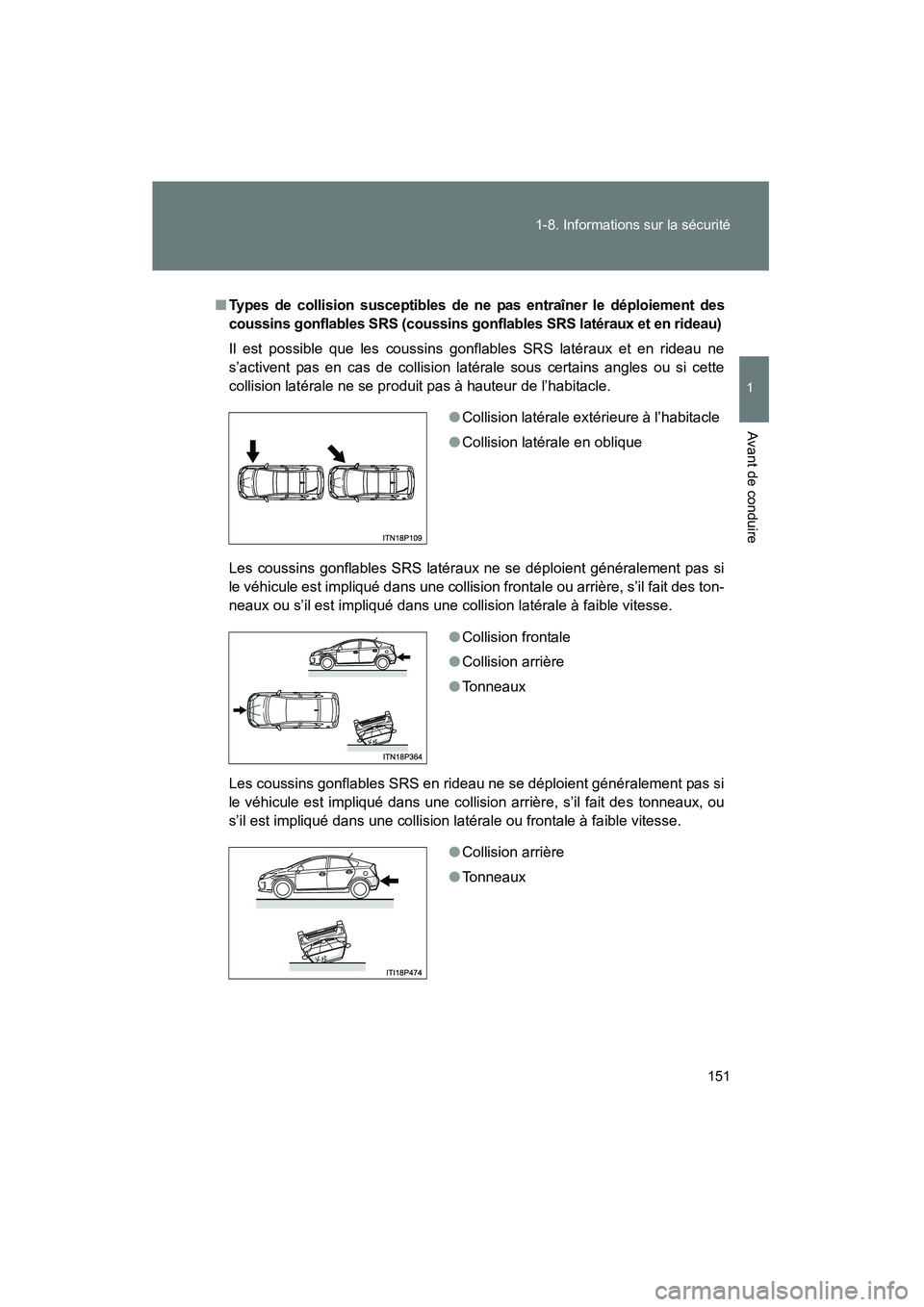 TOYOTA PRIUS 2015 Manuel du propriétaire (in French) 151
1-8. Informations sur la sécurité
1
Avant de conduire
PRIUS_OM_OM47A26D_(D)
■
Types de collision susceptibles de ne pas entraîner le déploiement des
coussins gonflables SRS (coussins gonflab TOYOTA PRIUS 2015 Manuel du propriétaire (in French) 151
1-8. Informations sur la sécurité
1
Avant de conduire
PRIUS_OM_OM47A26D_(D)
■
Types de collision susceptibles de ne pas entraîner le déploiement des
coussins gonflables SRS (coussins gonflab