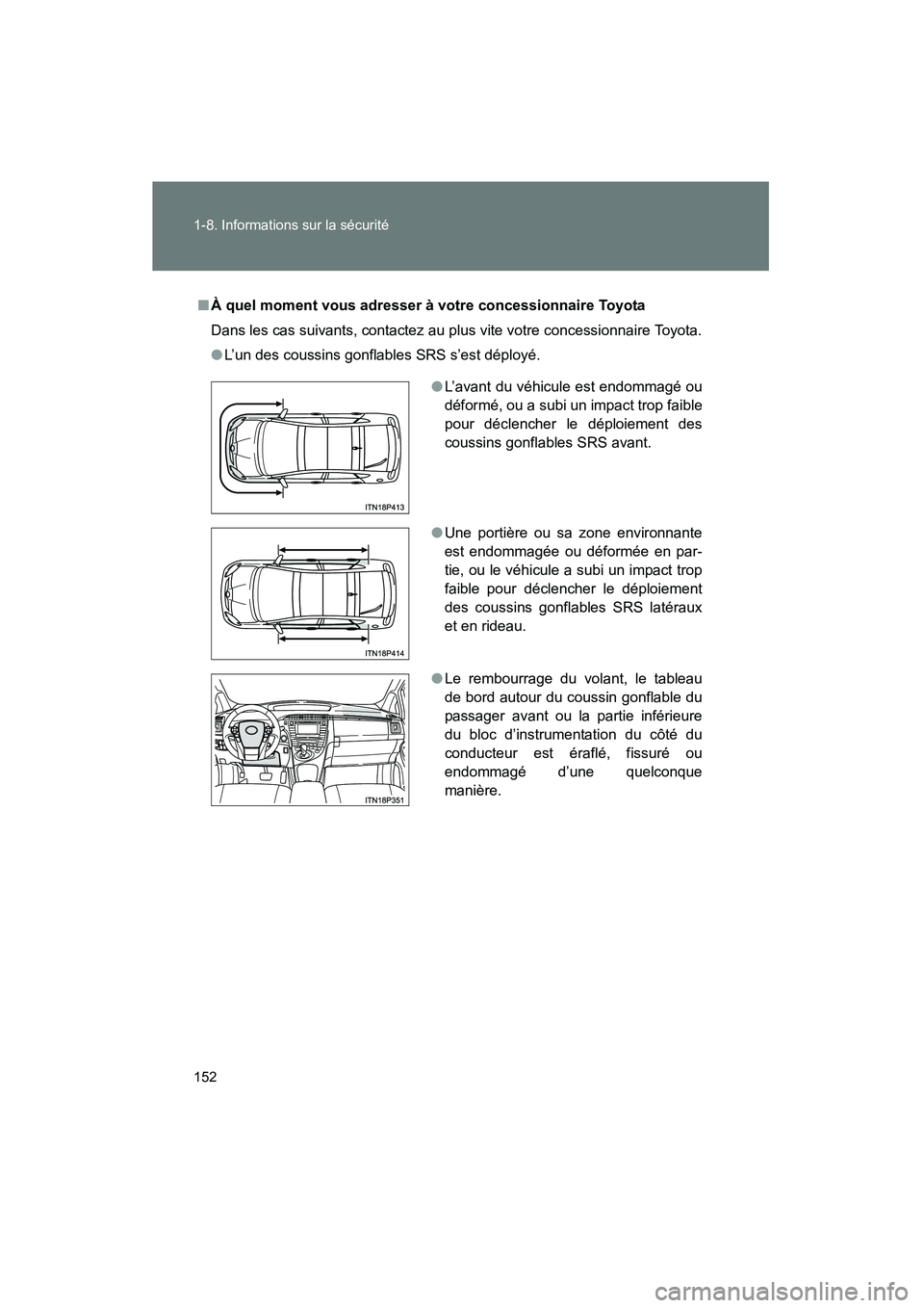TOYOTA PRIUS 2015 Manuel du propriétaire (in French) 152 1-8. Informations sur la sécurité
PRIUS_OM_OM47A26D_(D)
■À quel moment vous adresser à votre concessionnaire Toyota
Dans les cas suivants, contactez au plus vite votre concessionnaire Toyota TOYOTA PRIUS 2015 Manuel du propriétaire (in French) 152 1-8. Informations sur la sécurité
PRIUS_OM_OM47A26D_(D)
■À quel moment vous adresser à votre concessionnaire Toyota
Dans les cas suivants, contactez au plus vite votre concessionnaire Toyota
