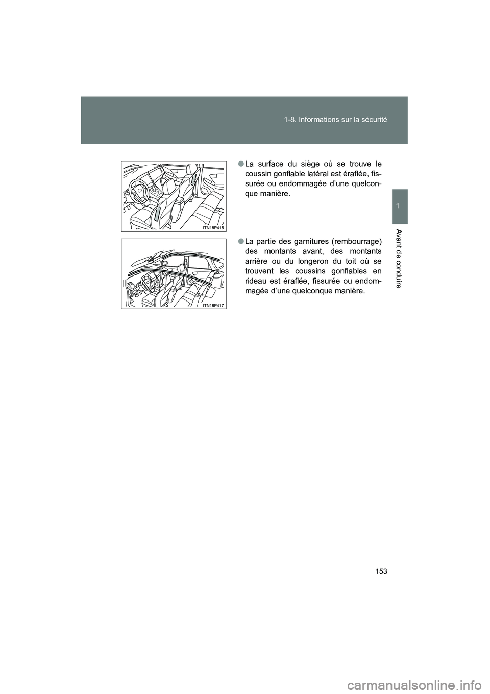 TOYOTA PRIUS 2015 Manuel du propriétaire (in French) 153
1-8. Informations sur la sécurité
1
Avant de conduire
PRIUS_OM_OM47A26D_(D)
●
La surface du siège où se trouve le
coussin gonflable latéral est éraflée, fis-
surée ou endommagée d’une TOYOTA PRIUS 2015 Manuel du propriétaire (in French) 153
1-8. Informations sur la sécurité
1
Avant de conduire
PRIUS_OM_OM47A26D_(D)
●
La surface du siège où se trouve le
coussin gonflable latéral est éraflée, fis-
surée ou endommagée d’une