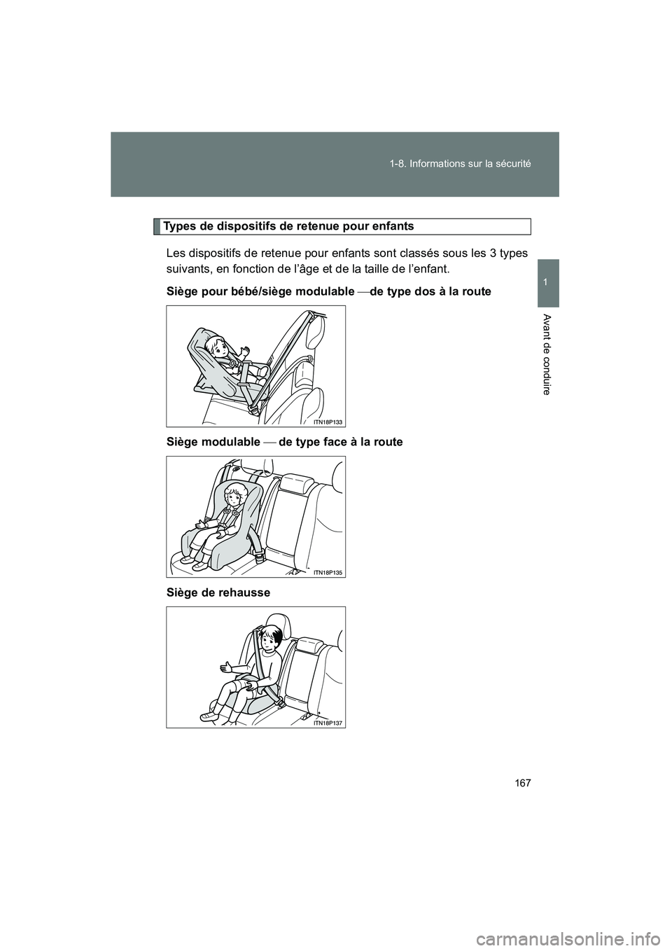 TOYOTA PRIUS 2015  Manuel du propriétaire (in French) 167
1-8. Informations sur la sécurité
1
Avant de conduire
PRIUS_OM_OM47A26D_(D)
Types de dispositifs de retenue pour enfants
Les dispositifs de retenue pour enfants sont classés sous les 3 types
su