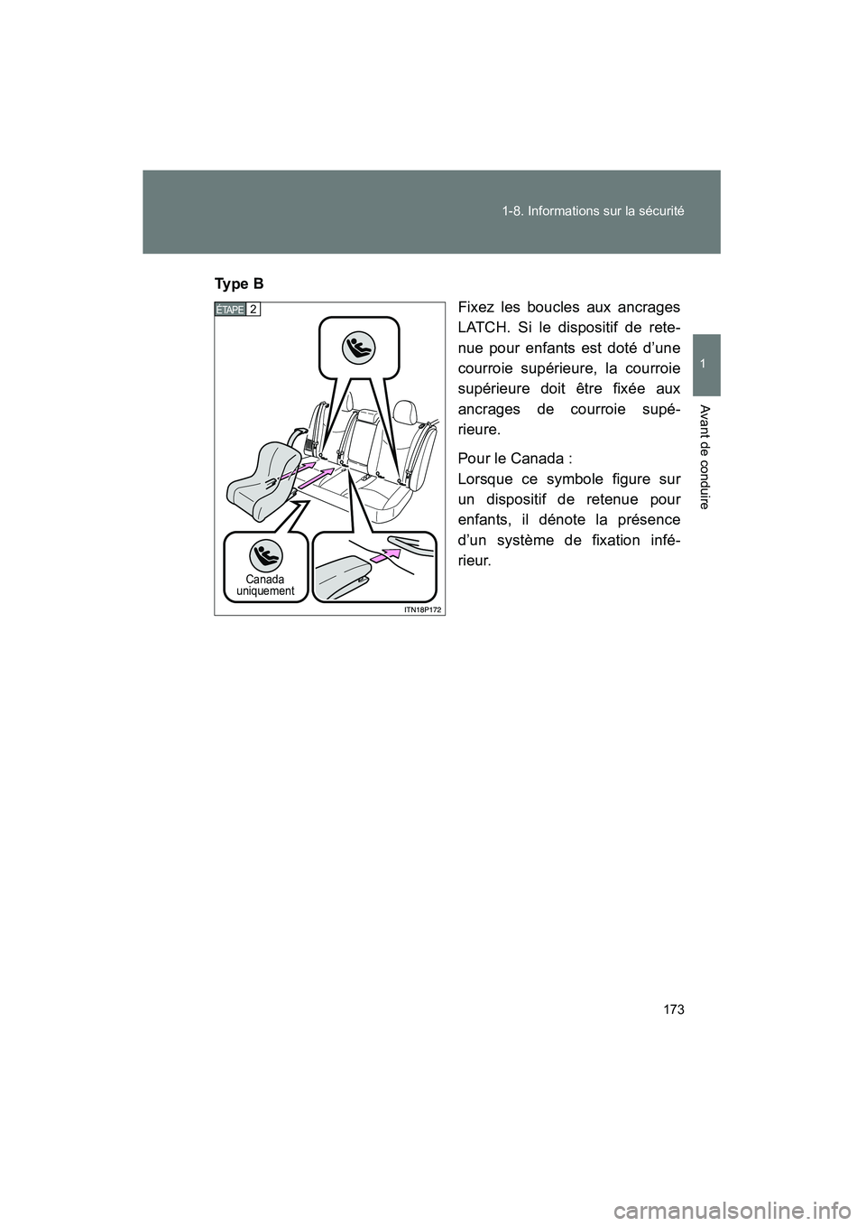TOYOTA PRIUS 2015  Manuel du propriétaire (in French) 173
1-8. Informations sur la sécurité
1
Avant de conduire
PRIUS_OM_OM47A26D_(D)
Ty p e  B
Fixez les boucles aux ancrages
LATCH. Si le dispositif de rete-
nue pour enfants est doté d’une
courroie 