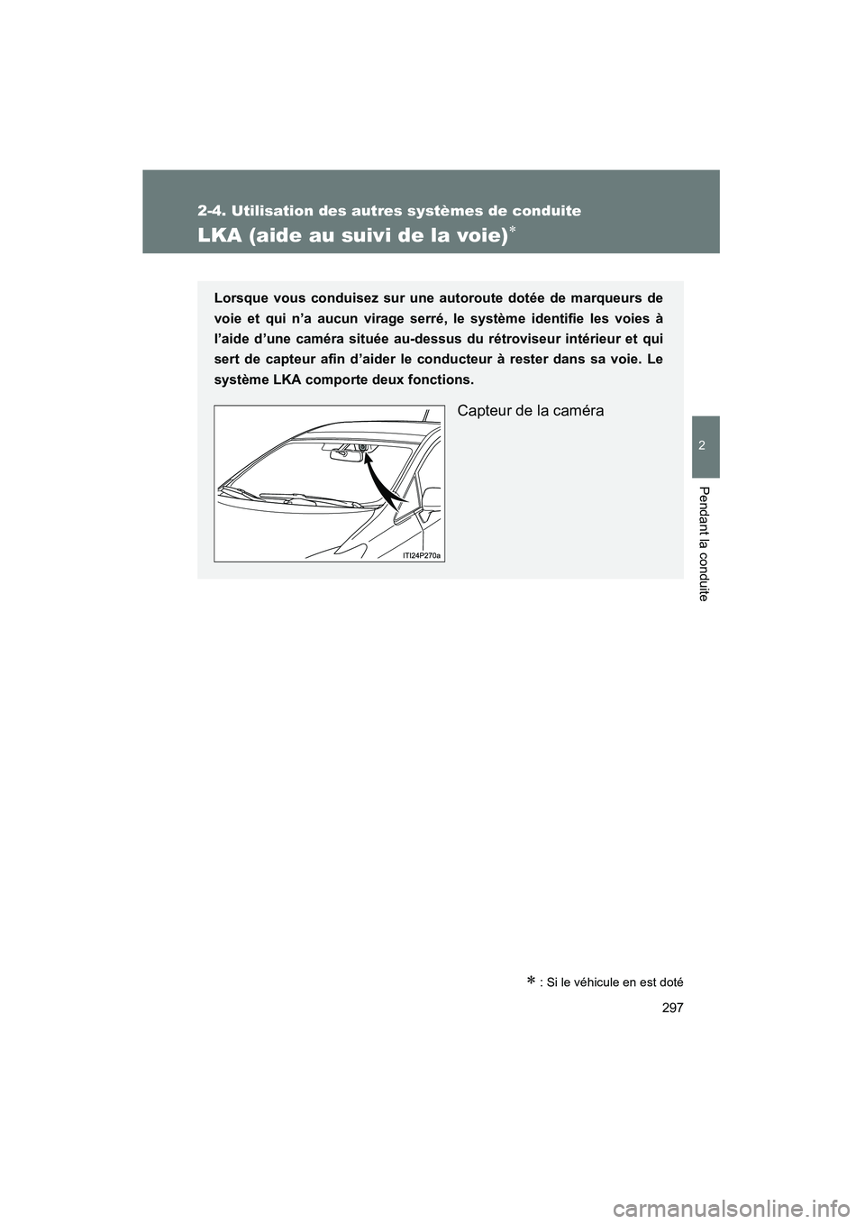 TOYOTA PRIUS 2015  Manuel du propriétaire (in French) 297
2-4. Utilisation des autres systèmes de conduite
PRIUS_OM_OM47A26D_(D)
2
Pendant la conduite
LKA (aide au suivi de la voie)∗
∗ : Si le véhicule en est doté
Lorsque vous conduisez sur une au