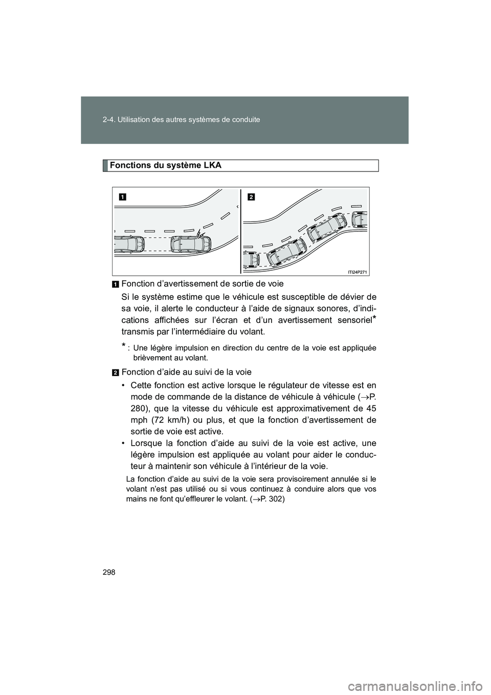 TOYOTA PRIUS 2015  Manuel du propriétaire (in French) 298 2-4. Utilisation des autres systèmes de conduite
PRIUS_OM_OM47A26D_(D)
Fonctions du système LKAFonction d’avertissement de sortie de voie
Si le système estime que le véhicule est susceptible