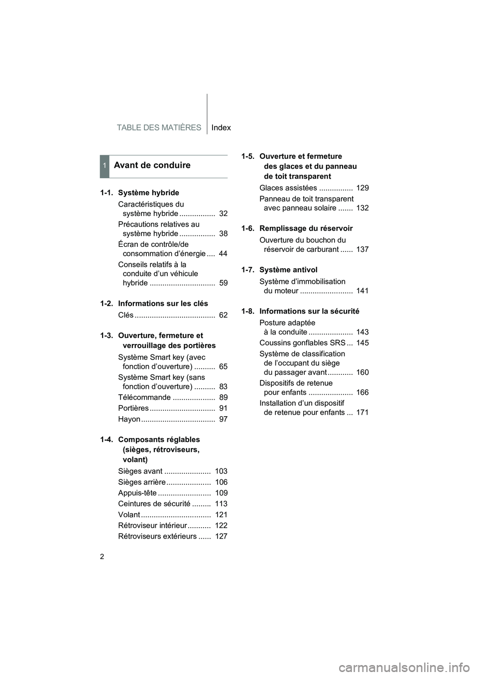 TOYOTA PRIUS 2015  Manuel du propriétaire (in French) TABLE DES MATIÈRESIndex
2
PRIUS_OM_OM47A26D_(D)
1-1. Système hybrideCaractéristiques du système hybride .................  32
Précautions relatives au  système hybride .................  38
Écr