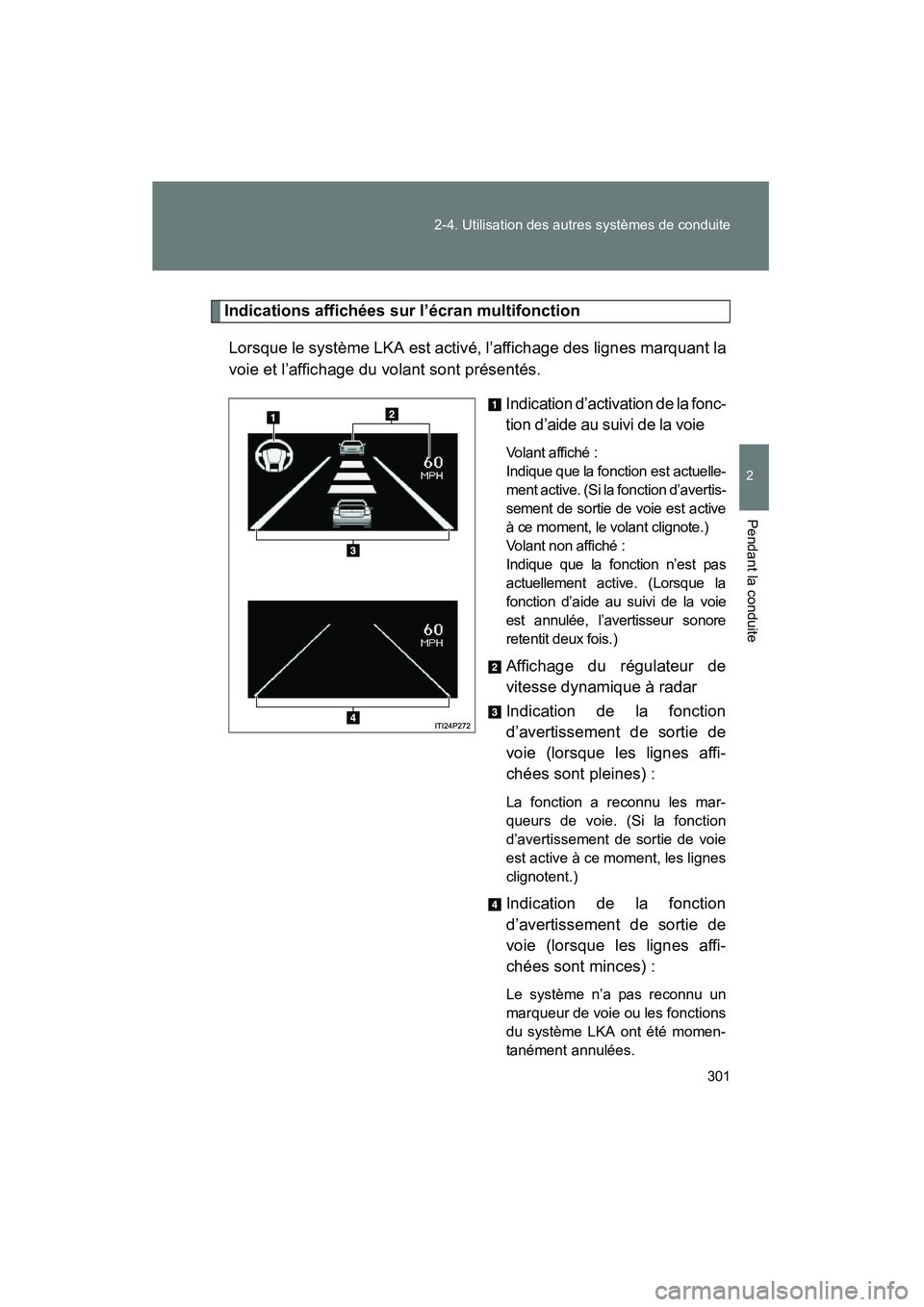 TOYOTA PRIUS 2015  Manuel du propriétaire (in French) 301
2-4. Utilisation des autres systèmes de conduite
PRIUS_OM_OM47A26D_(D)
2
Pendant la conduite
Indications affichées sur l’écran multifonction
Lorsque le système LKA est activé, l’affichage