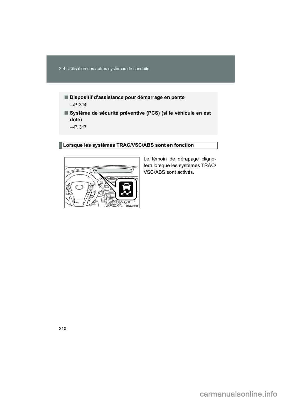 TOYOTA PRIUS 2015 Manuel du propriétaire (in French) 310 2-4. Utilisation des autres systèmes de conduite
PRIUS_OM_OM47A26D_(D)
Lorsque les systèmes TRAC/VSC/ABS sont en fonctionLe témoin de dérapage cligno-
tera lorsque les systèmes TRAC/
VSC/ABS TOYOTA PRIUS 2015 Manuel du propriétaire (in French) 310 2-4. Utilisation des autres systèmes de conduite
PRIUS_OM_OM47A26D_(D)
Lorsque les systèmes TRAC/VSC/ABS sont en fonctionLe témoin de dérapage cligno-
tera lorsque les systèmes TRAC/
VSC/ABS