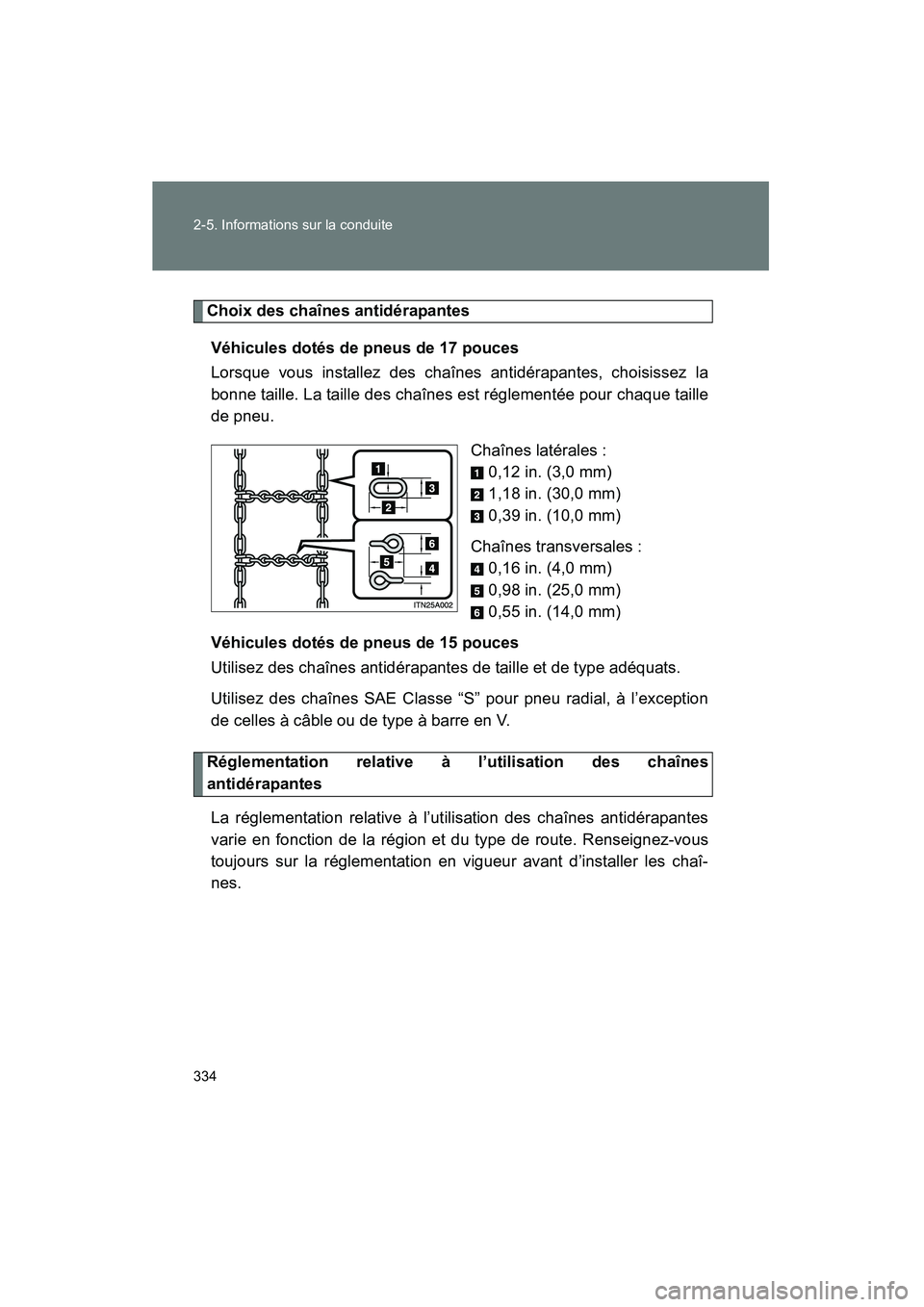 TOYOTA PRIUS 2015  Manuel du propriétaire (in French) 334 2-5. Informations sur la conduite
PRIUS_OM_OM47A26D_(D)
Choix des chaînes antidérapantesVéhicules dotés de pneus de 17 pouces
Lorsque vous installez des chaînes antidérapantes, choisissez la