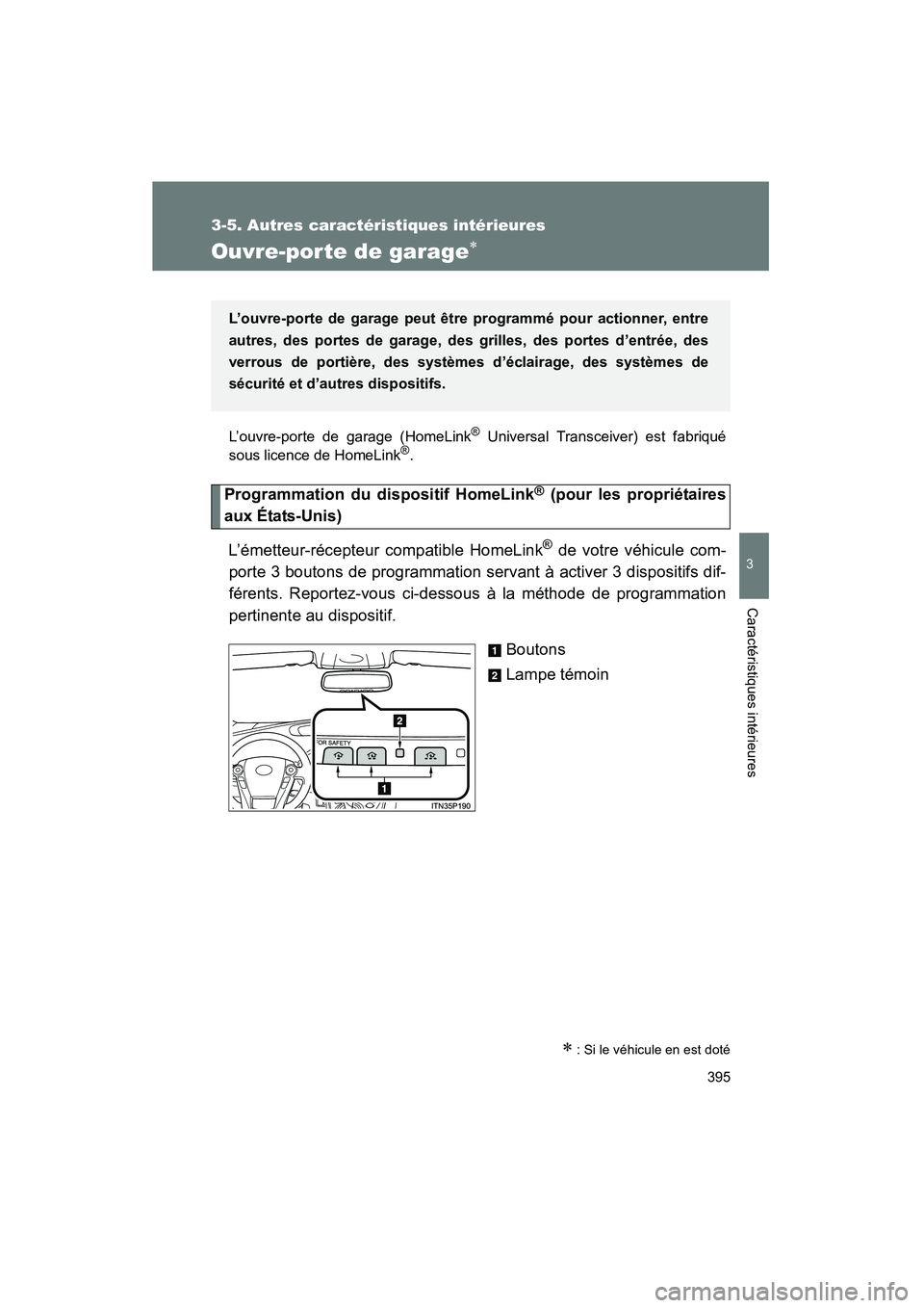 TOYOTA PRIUS 2015  Manuel du propriétaire (in French) 395
3-5. Autres caractéristiques intérieures
PRIUS_OM_OM47A26D_(D)
3
Caractéristiques intérieures
Ouvre-por te de garage∗
L’ouvre-porte de garage (HomeLink® Universal Transceiver) est fabriqu