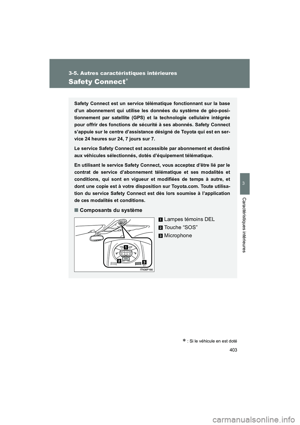 TOYOTA PRIUS 2015  Manuel du propriétaire (in French) 403
3-5. Autres caractéristiques intérieures
PRIUS_OM_OM47A26D_(D)
3
Caractéristiques intérieures
Safety Connect∗
∗ : Si le véhicule en est doté
Safety Connect est un service télématique f