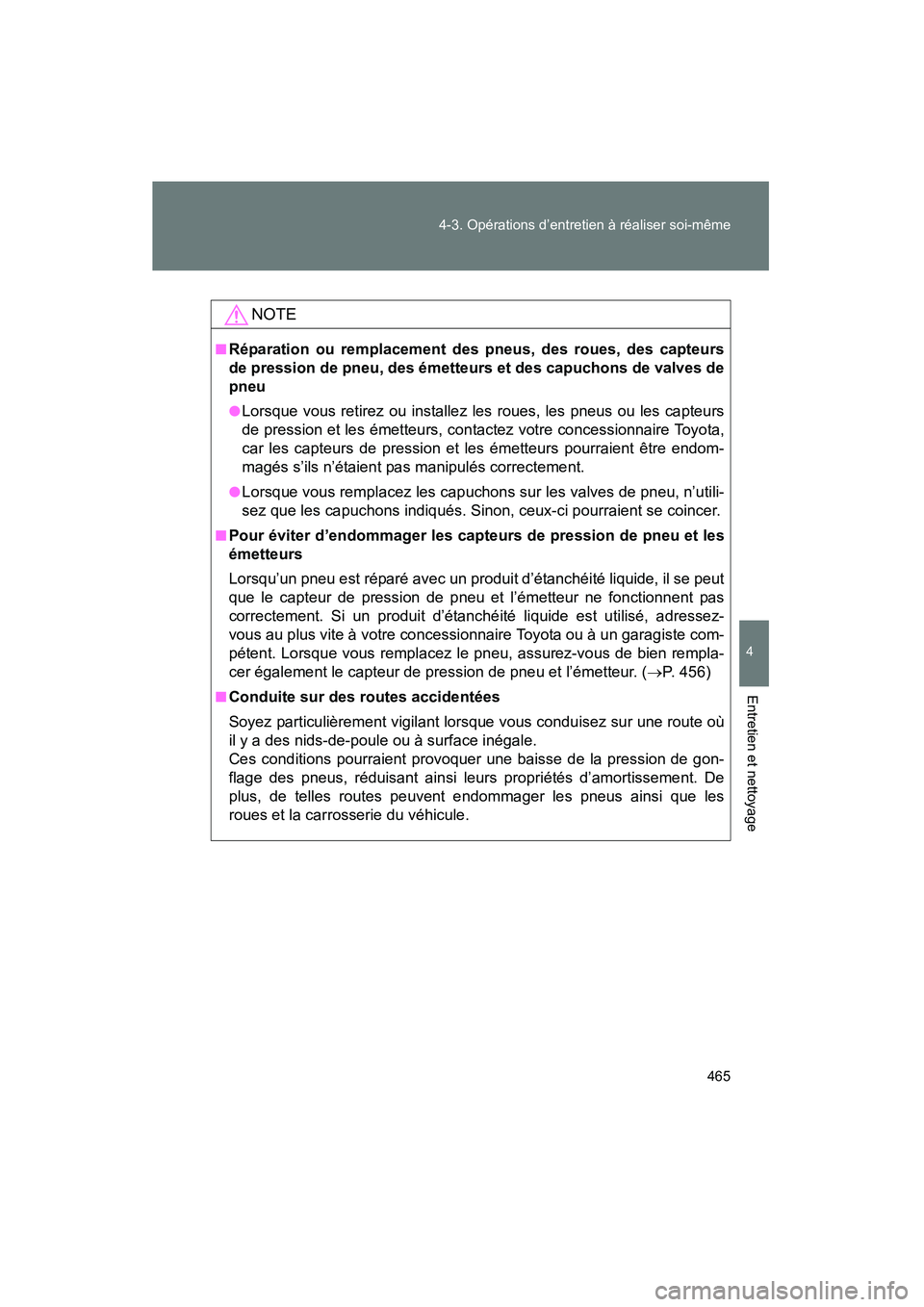 TOYOTA PRIUS 2015  Manuel du propriétaire (in French) 465
4-3. Opérations d’entretien à réaliser soi-même
PRIUS_OM_OM47A26D_(D)
4
Entretien et nettoyage
NOTE
■Réparation ou remplacement des pneus, des roues, des capteurs
de pression de pneu, des