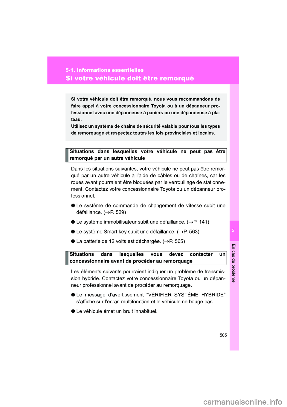 TOYOTA PRIUS 2015  Manuel du propriétaire (in French) 5
En cas de problème
505
5-1. Informations essentielles
PRIUS_OM_OM47A26D_(D)
Si votre véhicule doit être remorqué
Situations dans lesquelles votre véhicule ne peut pas être
remorqué par un aut