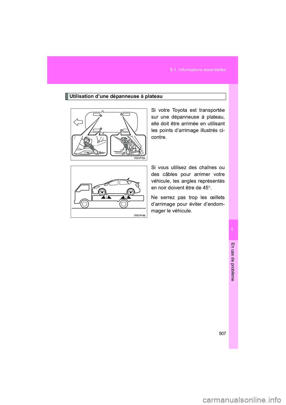 TOYOTA PRIUS 2015  Manuel du propriétaire (in French) 5
En cas de problème
507
5-1. Informations essentielles
PRIUS_OM_OM47A26D_(D)
Utilisation d’une dépanneuse à plateau
Si votre Toyota est transportée
sur une dépanneuse à plateau,
elle doit êt