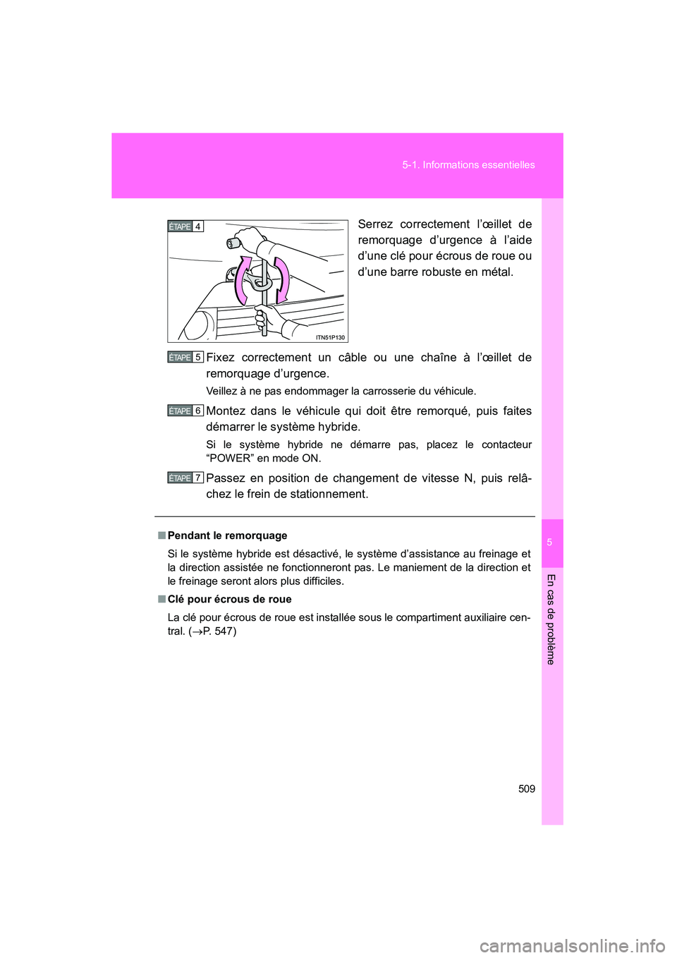 TOYOTA PRIUS 2015  Manuel du propriétaire (in French) 5
En cas de problème
509
5-1. Informations essentielles
PRIUS_OM_OM47A26D_(D)
Serrez correctement l’œillet de
remorquage d’urgence à l’aide
d’une clé pour écrous de roue ou
d’une barre 