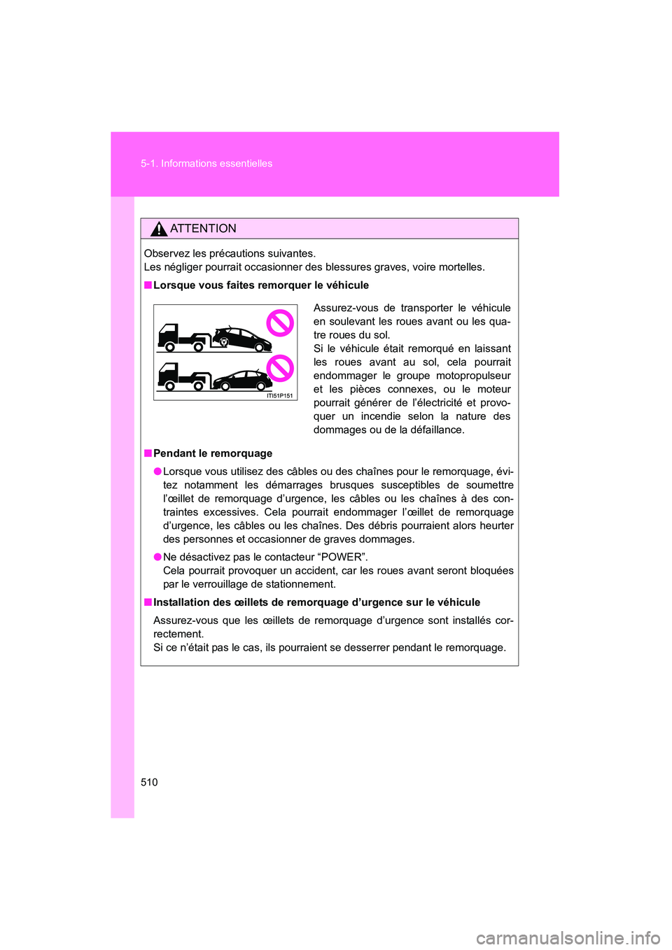 TOYOTA PRIUS 2015  Manuel du propriétaire (in French) 510 5-1. Informations essentielles
PRIUS_OM_OM47A26D_(D)
AT T E N T I O N
Observez les précautions suivantes. 
Les négliger pourrait occasionner des blessures graves, voire mortelles.
■Lorsque vou