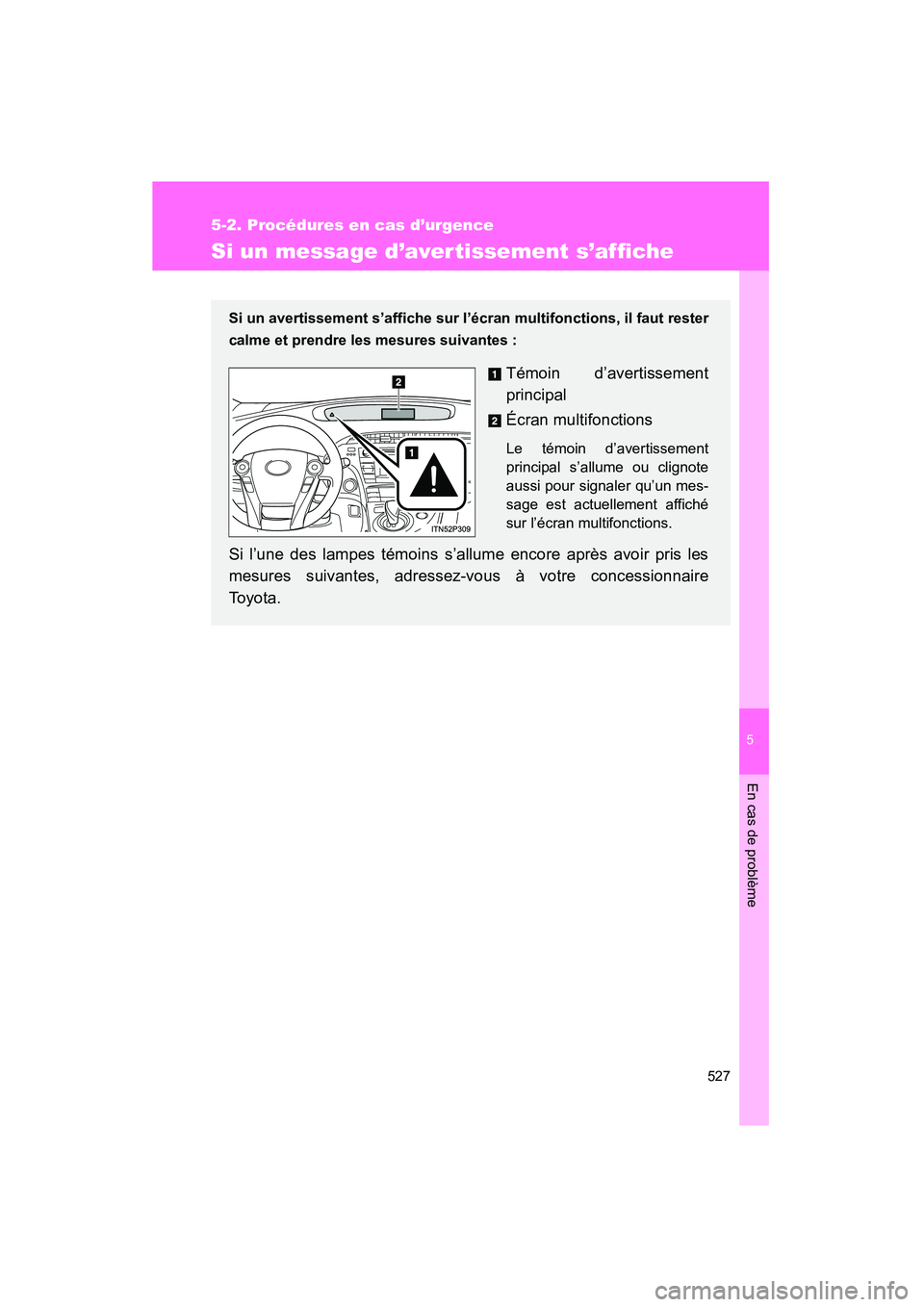 TOYOTA PRIUS 2015  Manuel du propriétaire (in French) 5
En cas de problème
527
5-2. Procédures en cas d’urgence
PRIUS_OM_OM47A26D_(D)
Si un message d’aver tissement s’affiche
Si un avertissement s’affiche sur l’écran multifonctions, il faut 