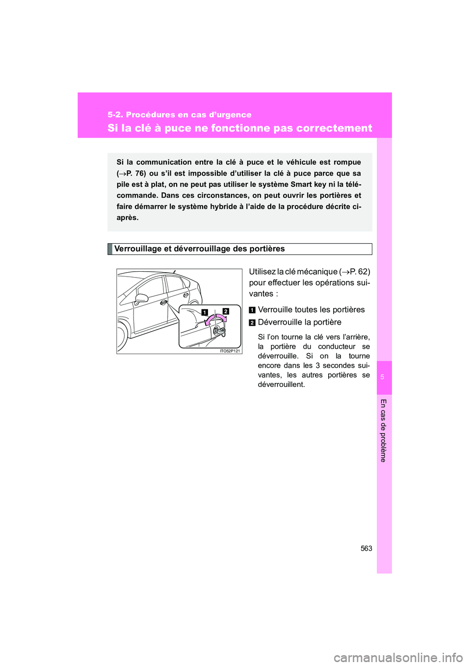 TOYOTA PRIUS 2015  Manuel du propriétaire (in French) 5
En cas de problème
563
5-2. Procédures en cas d’urgence
PRIUS_OM_OM47A26D_(D)
Si la clé à puce ne fonctionne pas correctement
Verrouillage et déverrouillage des portièresUtilisez la clé mé