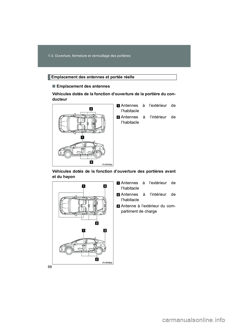 TOYOTA PRIUS 2015 Manuel du propriétaire (in French) 68 1-3. Ouverture, fermeture et verrouillage des portières
PRIUS_OM_OM47A26D_(D)
Emplacement des antennes et portée réelle■ Emplacement des antennes
Véhicules dotés de la fonction d’ouverture TOYOTA PRIUS 2015 Manuel du propriétaire (in French) 68 1-3. Ouverture, fermeture et verrouillage des portières
PRIUS_OM_OM47A26D_(D)
Emplacement des antennes et portée réelle■ Emplacement des antennes
Véhicules dotés de la fonction d’ouverture