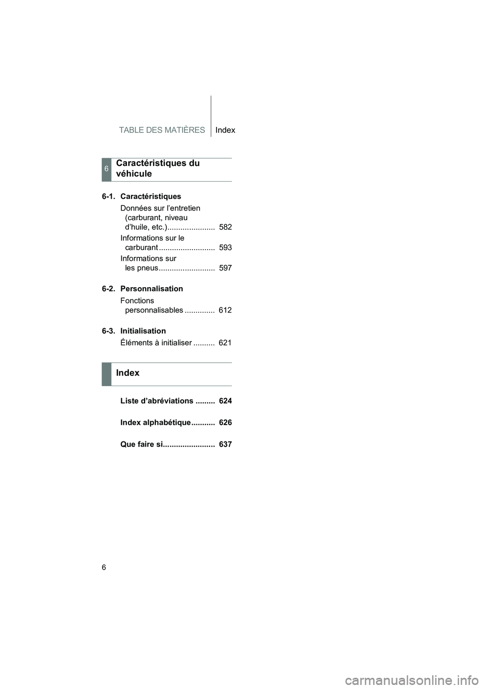 TOYOTA PRIUS 2015  Manuel du propriétaire (in French) TABLE DES MATIÈRESIndex
6
PRIUS_OM_OM47A26D_(D)
6-1. CaractéristiquesDonnées sur l’entretien (carburant, niveau 
d’huile, etc.) ......................  582
Informations sur le  carburant ......