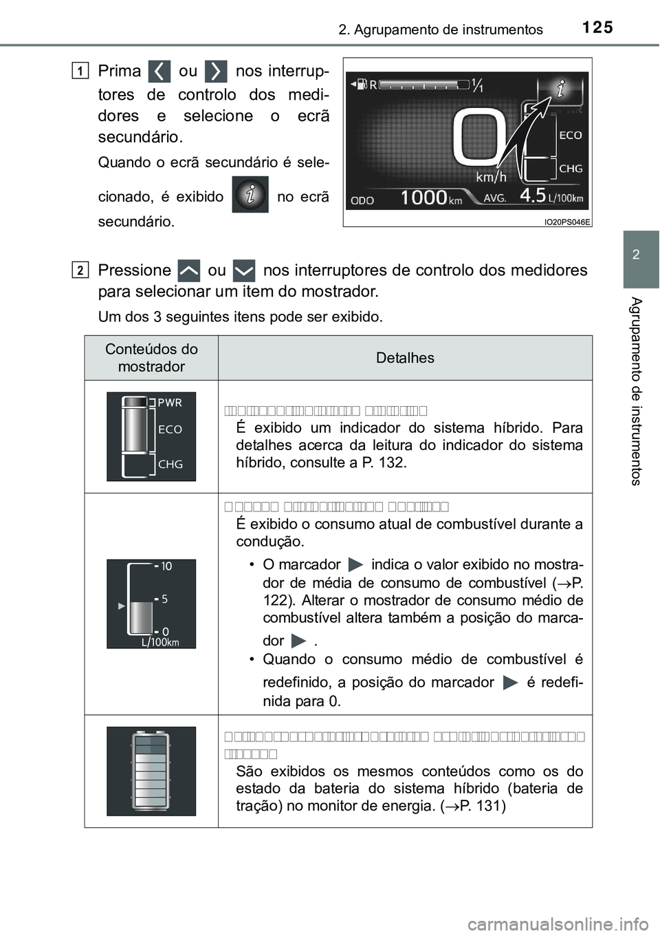TOYOTA PRIUS 2015 Manual de utilização (in Portuguese) 1252. Agrupamento de instrumentos
2
Agrupamento de instrumentos
Prima ou nos interrup-
tores de controlo dos medi-
dores e selecione o ecrã
secundário.
Quando o ecrã secundário é sele-
cionado, TOYOTA PRIUS 2015 Manual de utilização (in Portuguese) 1252. Agrupamento de instrumentos
2
Agrupamento de instrumentos
Prima ou nos interrup-
tores de controlo dos medi-
dores e selecione o ecrã
secundário.
Quando o ecrã secundário é sele-
cionado,