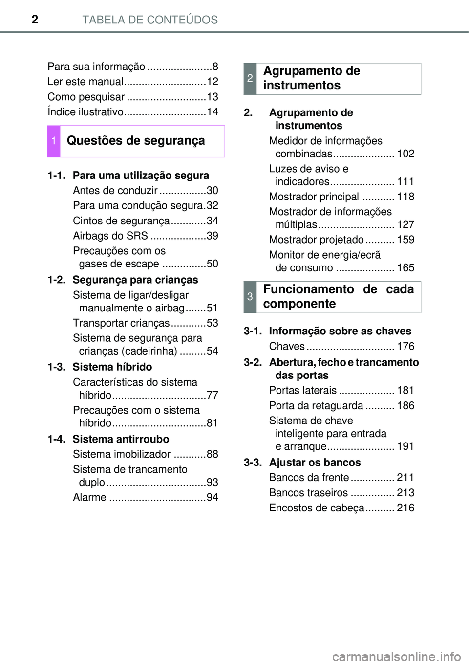 TOYOTA PRIUS 2015  Manual de utilização (in Portuguese) TABELA DE CONTEÚDOS2
Para sua informação ......................8
Ler este manual............................12
Como pesquisar ...........................13
Índice ilustrativo......................