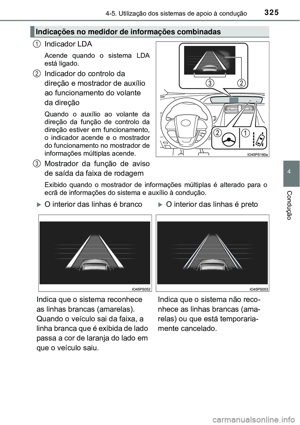 TOYOTA PRIUS 2015  Manual de utilização (in Portuguese) 3254-5. Utilização dos sistemas de apoio à condução
4
Condução
Indicador LDA
Acende quando o sistema LDA
está ligado.
Indicador do controlo da 
direção e mostrador de auxílio 
ao funcioname