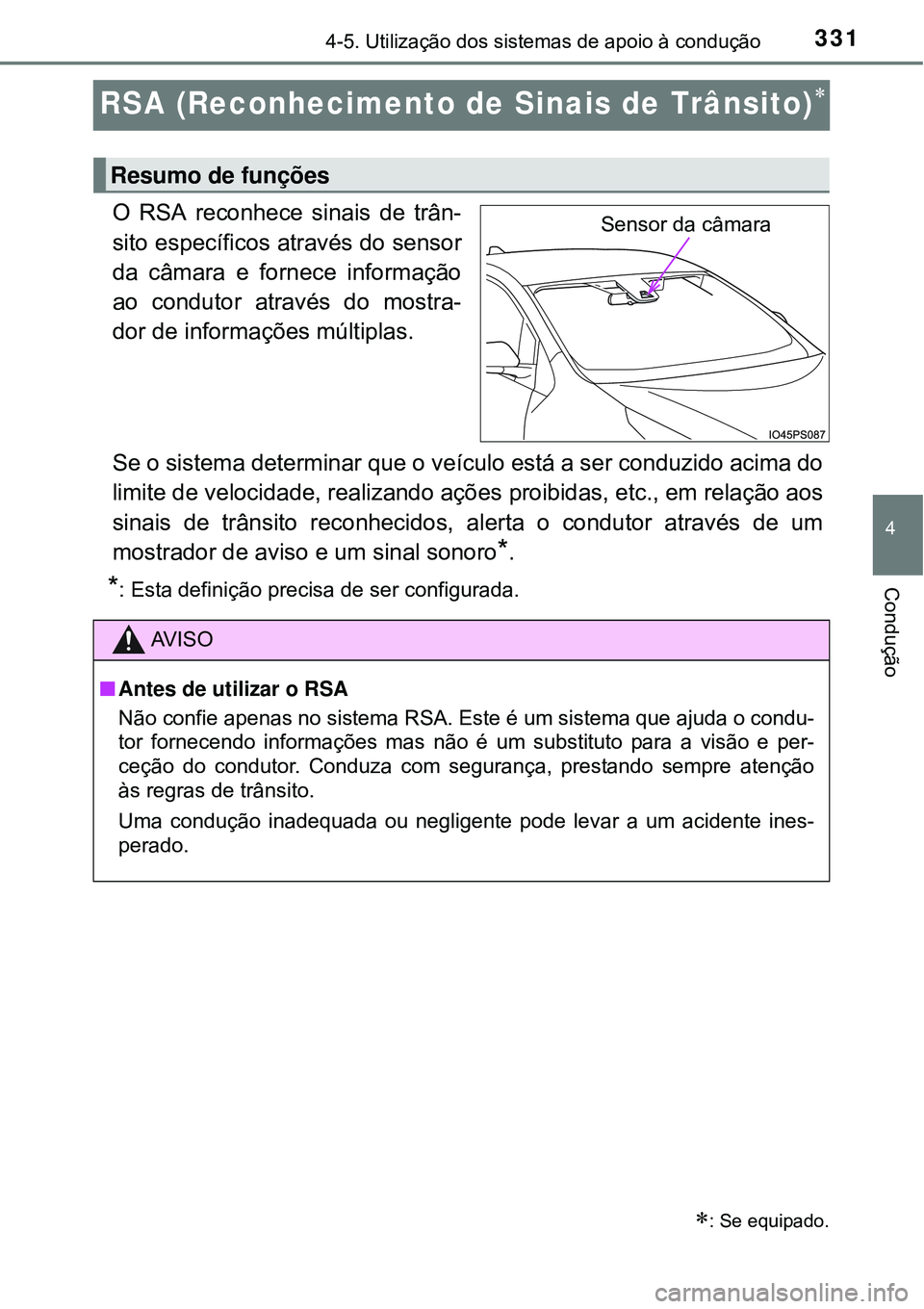 TOYOTA PRIUS 2015  Manual de utilização (in Portuguese) 331
4
4-5. Utilização dos sistemas de apoio à condução
Condução
RSA (Reconhecimento de Sinais de Trânsito)
O RSA reconhece sinais de trân-
sito específicos através do sensor
da câmara e