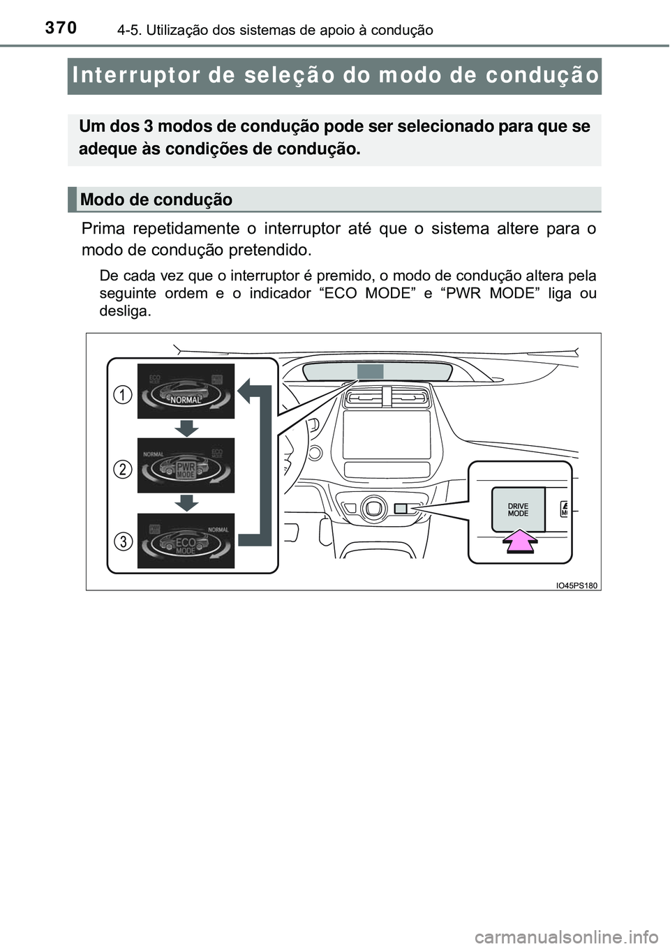 TOYOTA PRIUS 2015  Manual de utilização (in Portuguese) 3704-5. Utilização dos sistemas de apoio à condução
Interruptor de seleção do modo de condução
Prima repetidamente o interruptor até que o sistema altere para o
modo de condução pretendido
