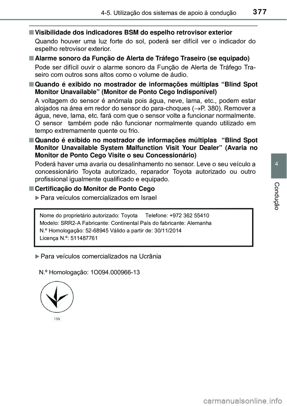 TOYOTA PRIUS 2015  Manual de utilização (in Portuguese) 3774-5. Utilização dos sistemas de apoio à condução
4
Condução
nVisibilidade dos indicadores BSM do espelho retrovisor exterior
Quando houver uma luz forte do sol, poderá ser difícil ver o in