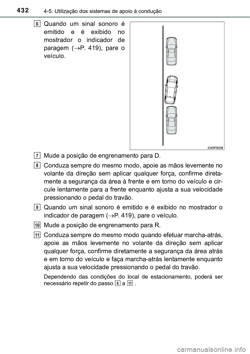 TOYOTA PRIUS 2015 Manual de utilização (in Portuguese) 4324-5. Utilização dos sistemas de apoio à condução
Quando um sinal sonoro é
emitido e é exibido no
mostrador o indicador de
paragem (P. 419), pare o
veículo.
Mude a posição de engrenamen TOYOTA PRIUS 2015 Manual de utilização (in Portuguese) 4324-5. Utilização dos sistemas de apoio à condução
Quando um sinal sonoro é
emitido e é exibido no
mostrador o indicador de
paragem (P. 419), pare o
veículo.
Mude a posição de engrenamen