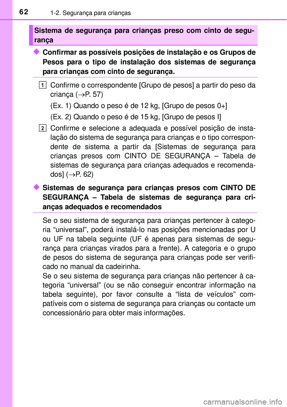 TOYOTA PRIUS 2015 Manual de utilização (in Portuguese) 621-2. Segurança para crianças
uConfirmar as possíveis posições de instalação e os Grupos de
Pesos para o tipo de instalação dos sistemas de segurança
para crianças com cinto de segurança. TOYOTA PRIUS 2015 Manual de utilização (in Portuguese) 621-2. Segurança para crianças
uConfirmar as possíveis posições de instalação e os Grupos de
Pesos para o tipo de instalação dos sistemas de segurança
para crianças com cinto de segurança.
