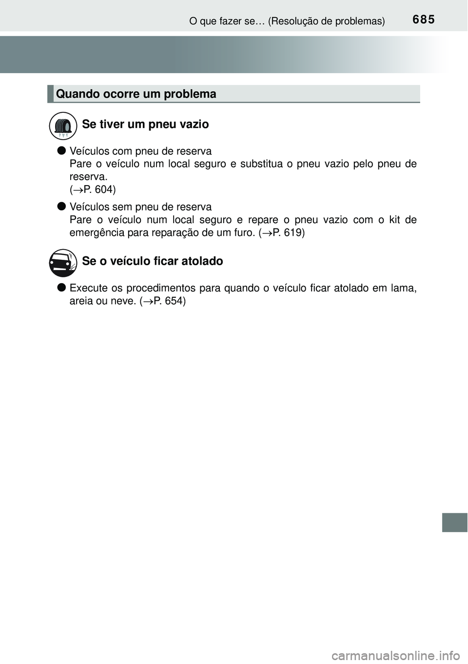 TOYOTA PRIUS 2015  Manual de utilização (in Portuguese) 685O que fazer se… (Resolução de problemas)
lVeículos com pneu de reserva
Pare o veículo num local seguro e substitua o pneu vazio pelo pneu de
reserva.
(P. 604)
lVeículos sem pneu de reserv