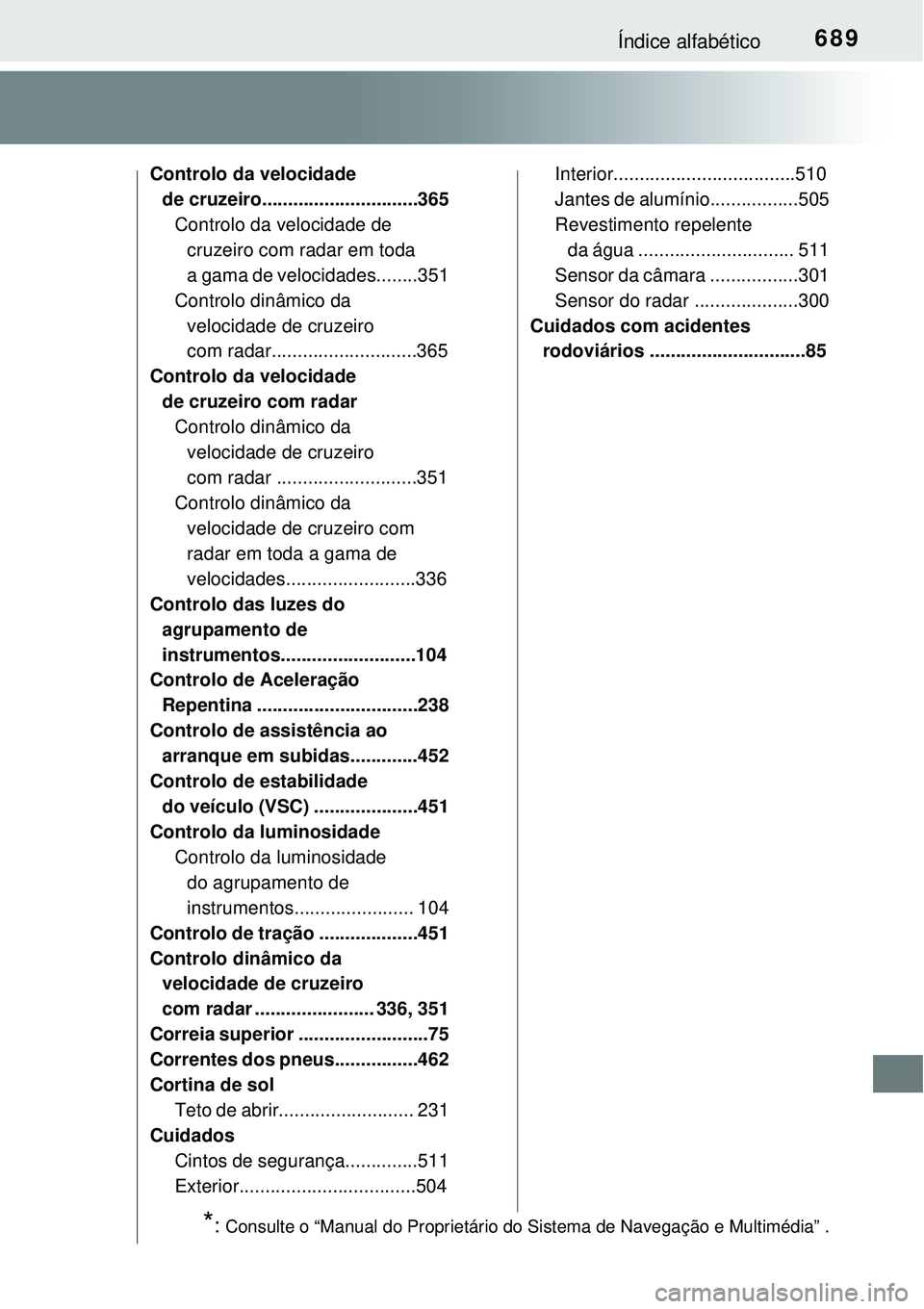 TOYOTA PRIUS 2015  Manual de utilização (in Portuguese) 689Índice alfabético
Controlo da velocidade 
de cruzeiro..............................365
Controlo da velocidade de 
cruzeiro com radar em toda 
a gama de velocidades........351
Controlo dinâmico d