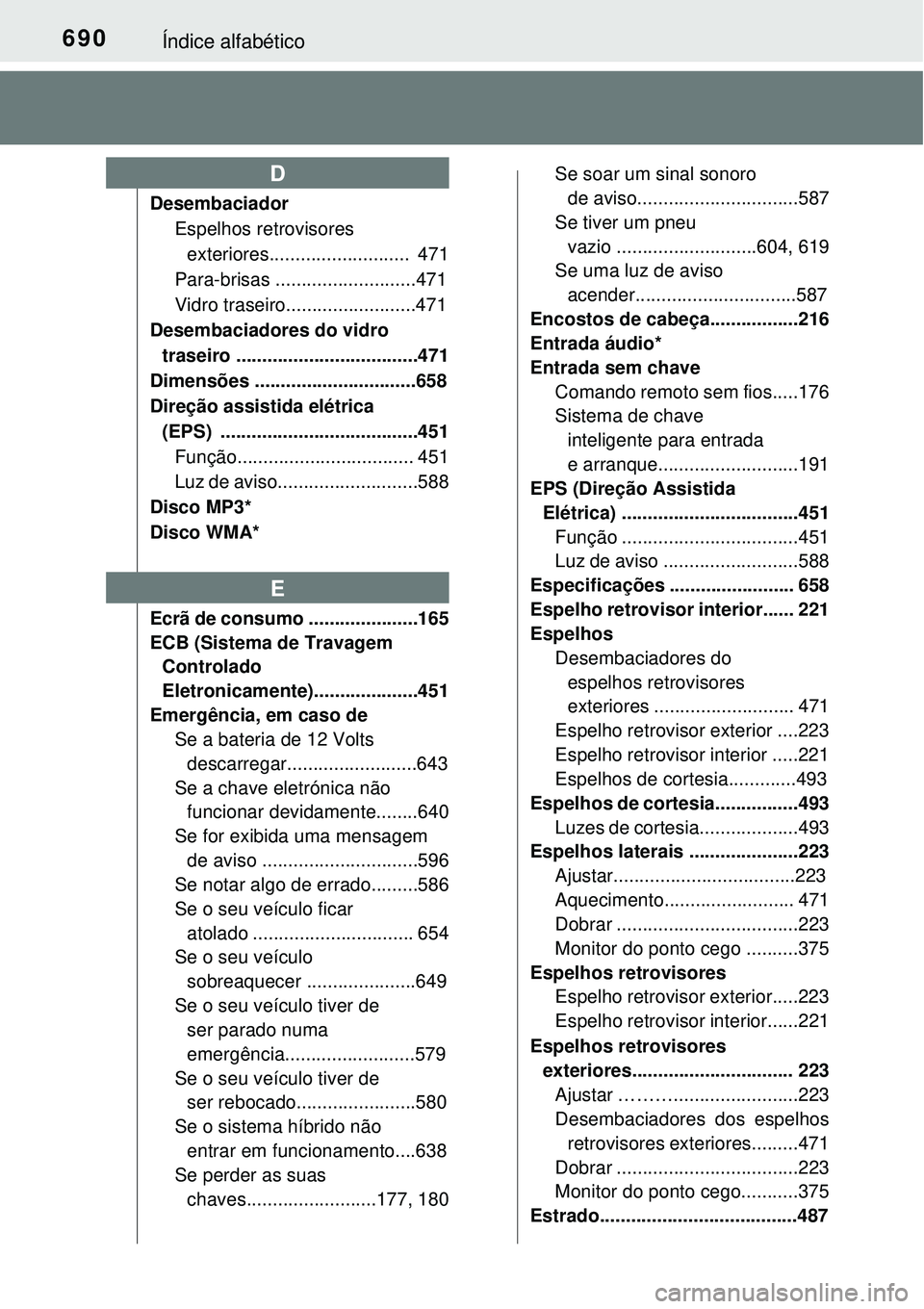 TOYOTA PRIUS 2015  Manual de utilização (in Portuguese) 690Índice alfabético
Desembaciador
Espelhos retrovisores 
exteriores...........................  471
Para-brisas ...........................471
Vidro traseiro.........................471
Desembaciad