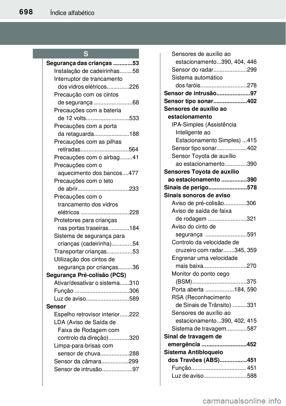 TOYOTA PRIUS 2015  Manual de utilização (in Portuguese) 698Índice alfabético
Segurança das crianças ............53
Instalação de cadeirinhas........58
Interruptor de trancamento 
dos vidros elétricos..............226
Precaução com os cintos 
de se