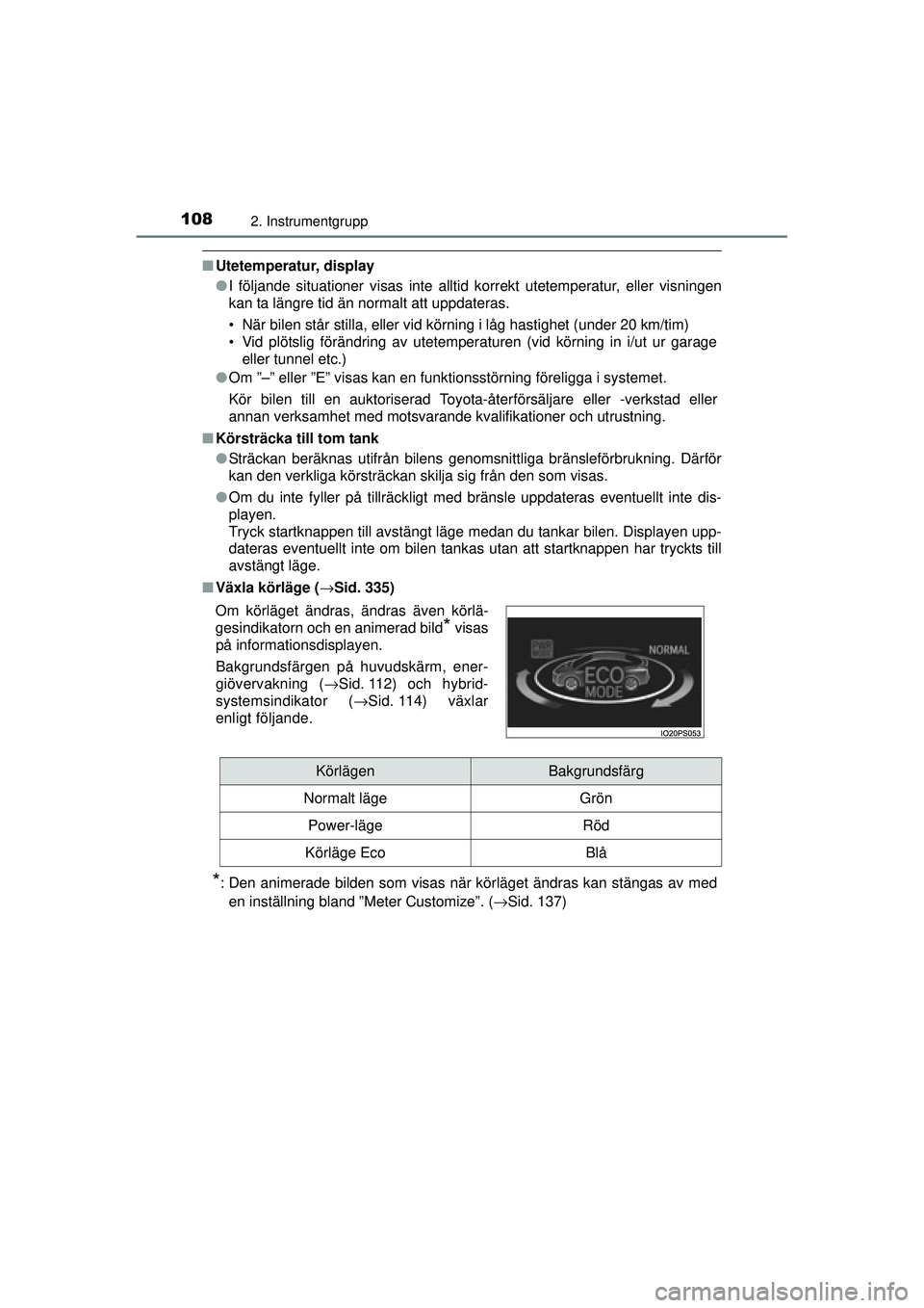TOYOTA PRIUS 2015 Bruksanvisningar (in Swedish) 1082. Instrumentgrupp
OM47A31SE
■Utetemperatur, display
●I följande situationer visas inte alltid korrekt utetemperatur, eller visningen
kan ta längre tid än normalt att uppdateras.
• När bi TOYOTA PRIUS 2015 Bruksanvisningar (in Swedish) 1082. Instrumentgrupp
OM47A31SE
■Utetemperatur, display
●I följande situationer visas inte alltid korrekt utetemperatur, eller visningen
kan ta längre tid än normalt att uppdateras.
• När bi