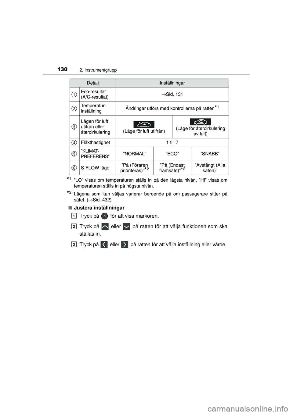 TOYOTA PRIUS 2015  Bruksanvisningar (in Swedish) 1302. Instrumentgrupp
OM47A31SE
*1: ”LO” visas om temperaturen ställs in på den lägsta nivån, ”HI” visas omtemperaturen ställs in på högsta nivån.
*2: Lägena som kan väljas varierar 