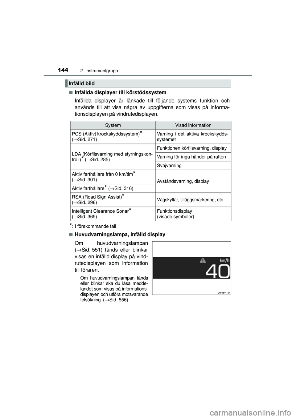 TOYOTA PRIUS 2015  Bruksanvisningar (in Swedish) 1442. Instrumentgrupp
OM47A31SE■
Infällda displayer till körstödssystem
Infällda displayer är länkade till 
följande systems funktion och
används till att visa några av  uppgifterna som vis