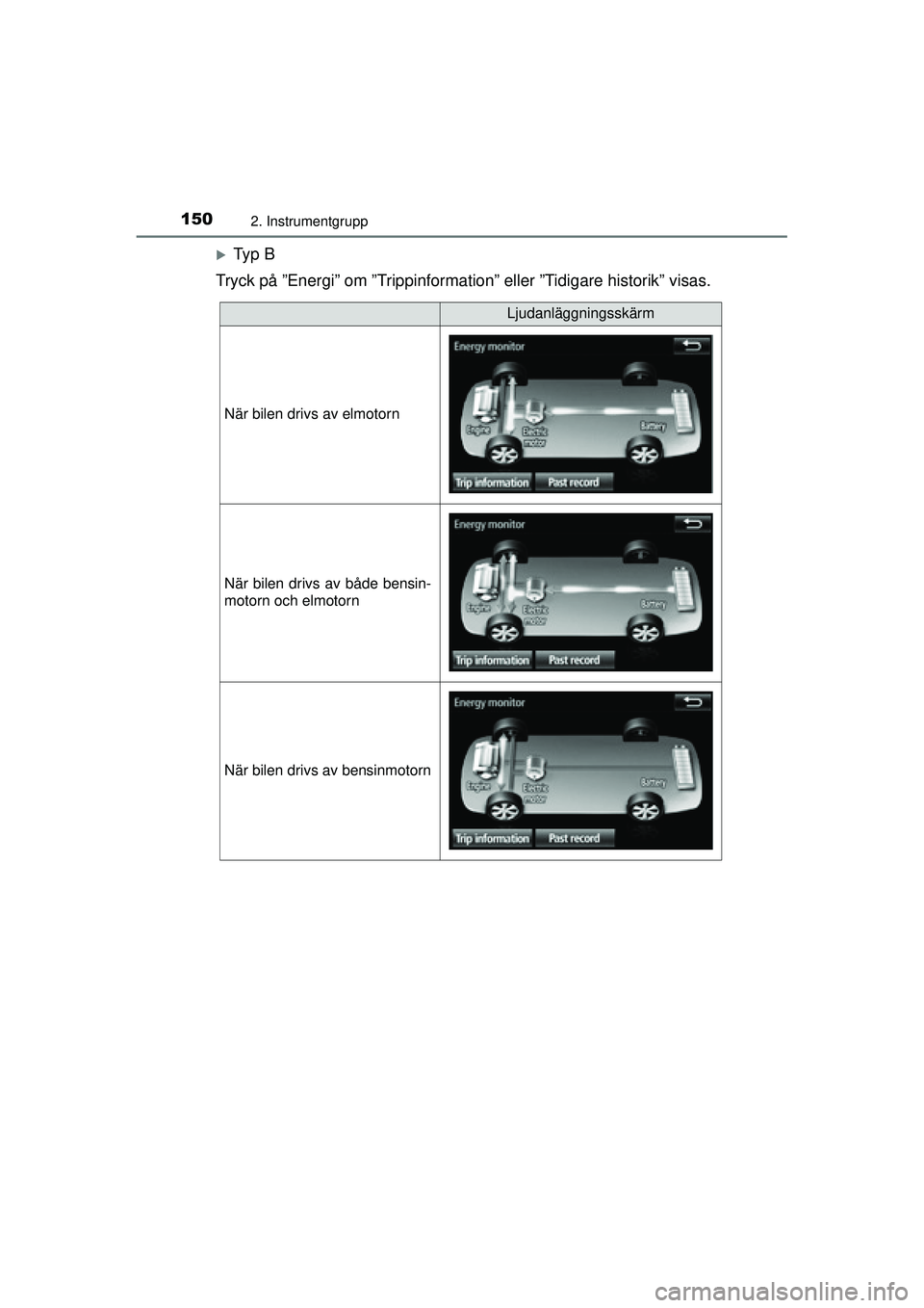 TOYOTA PRIUS 2015  Bruksanvisningar (in Swedish) 1502. Instrumentgrupp
OM47A31SE
�XTy p  B
Tryck på ”Energi” om ”Trippinformation” eller ”Tidigare historik” visas.
Ljudanläggningsskärm
När bilen drivs av elmotorn
När bilen drivs av 